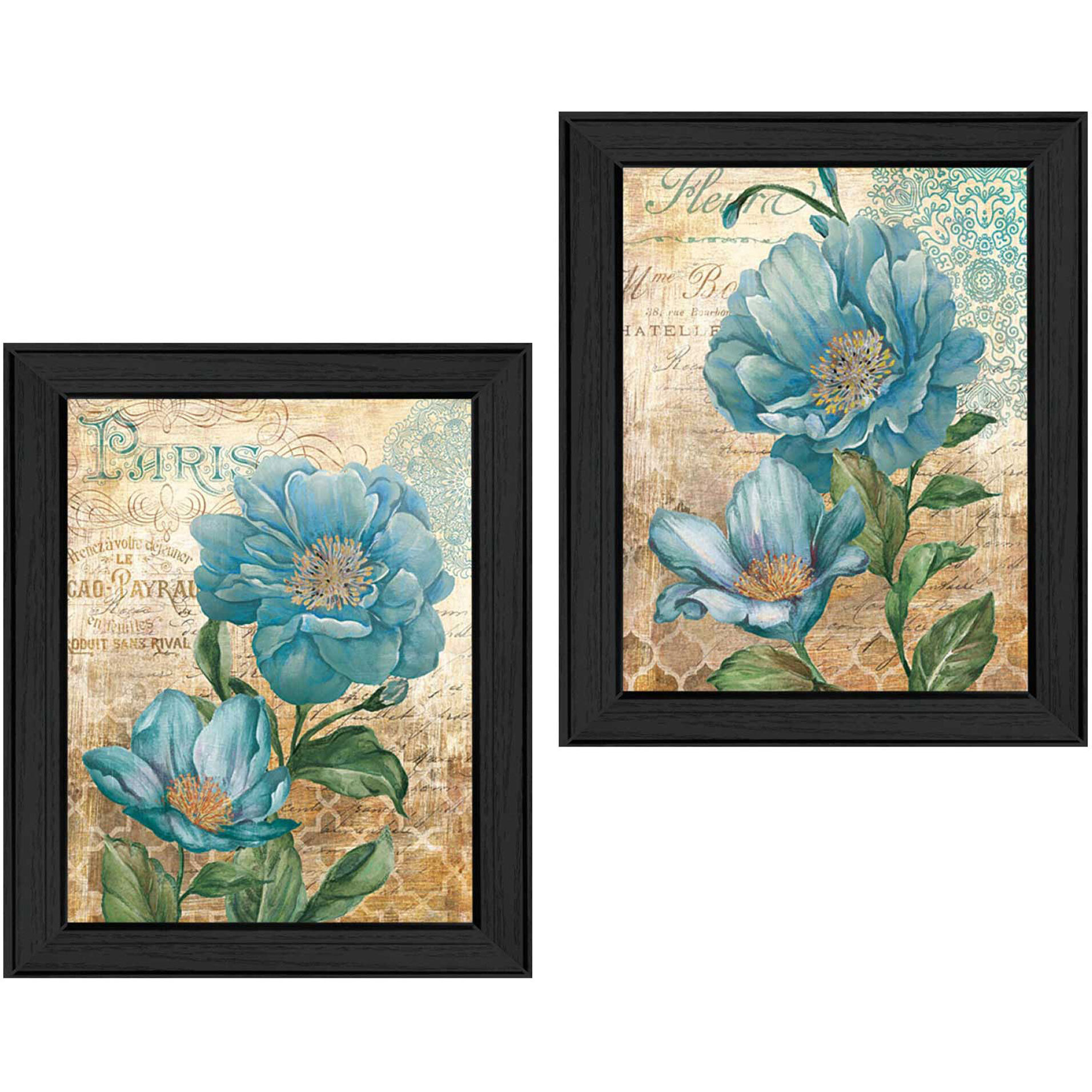 Set Of Two Paris Floral Postcard Black Framed Print Wall Art