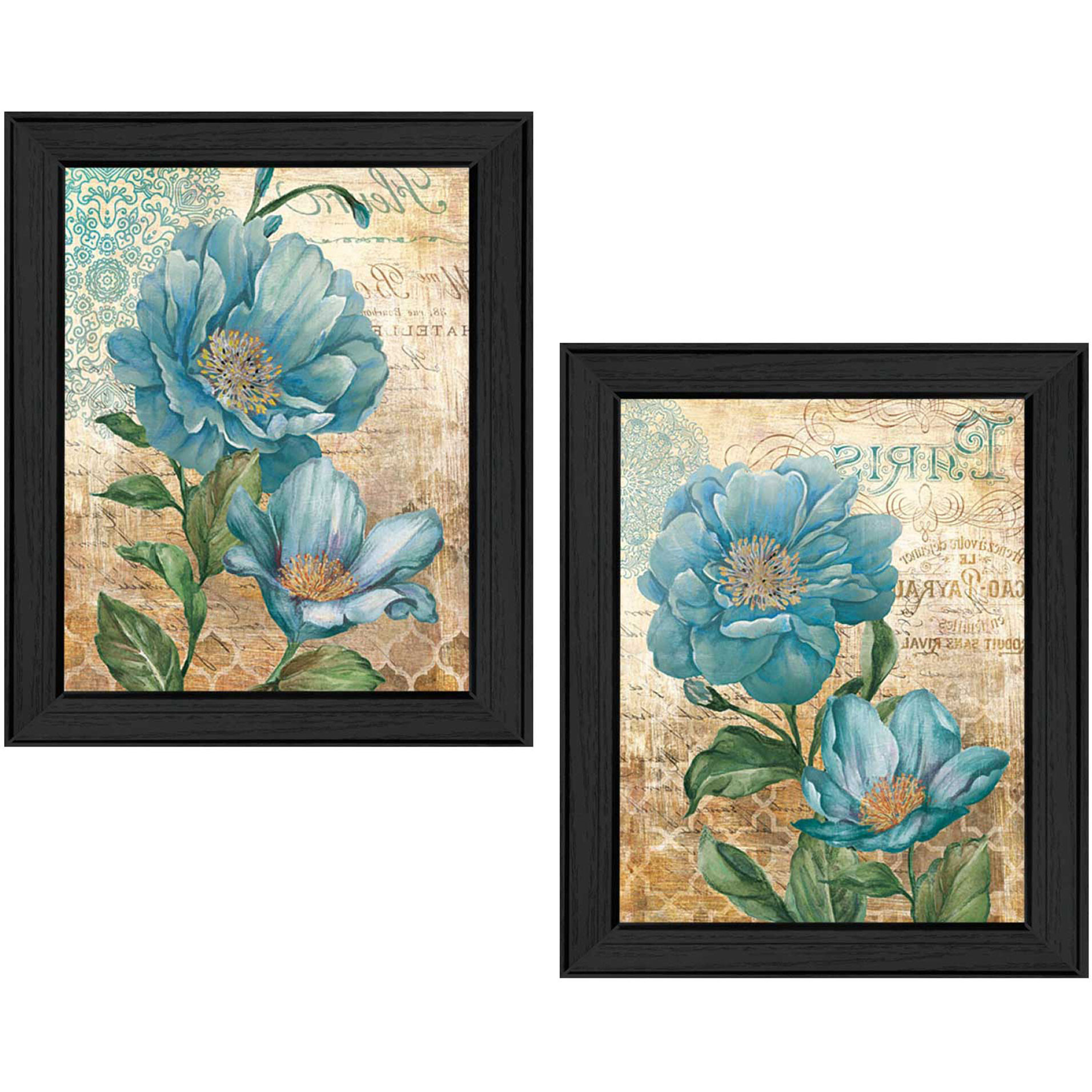 Set Of Two Paris Floral Postcard Black Framed Print Wall Art