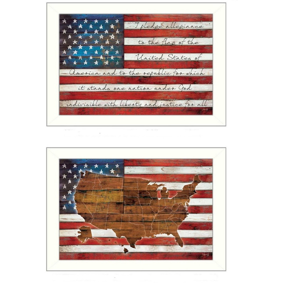 Set Of Two American Flags White Framed Print Wall Art