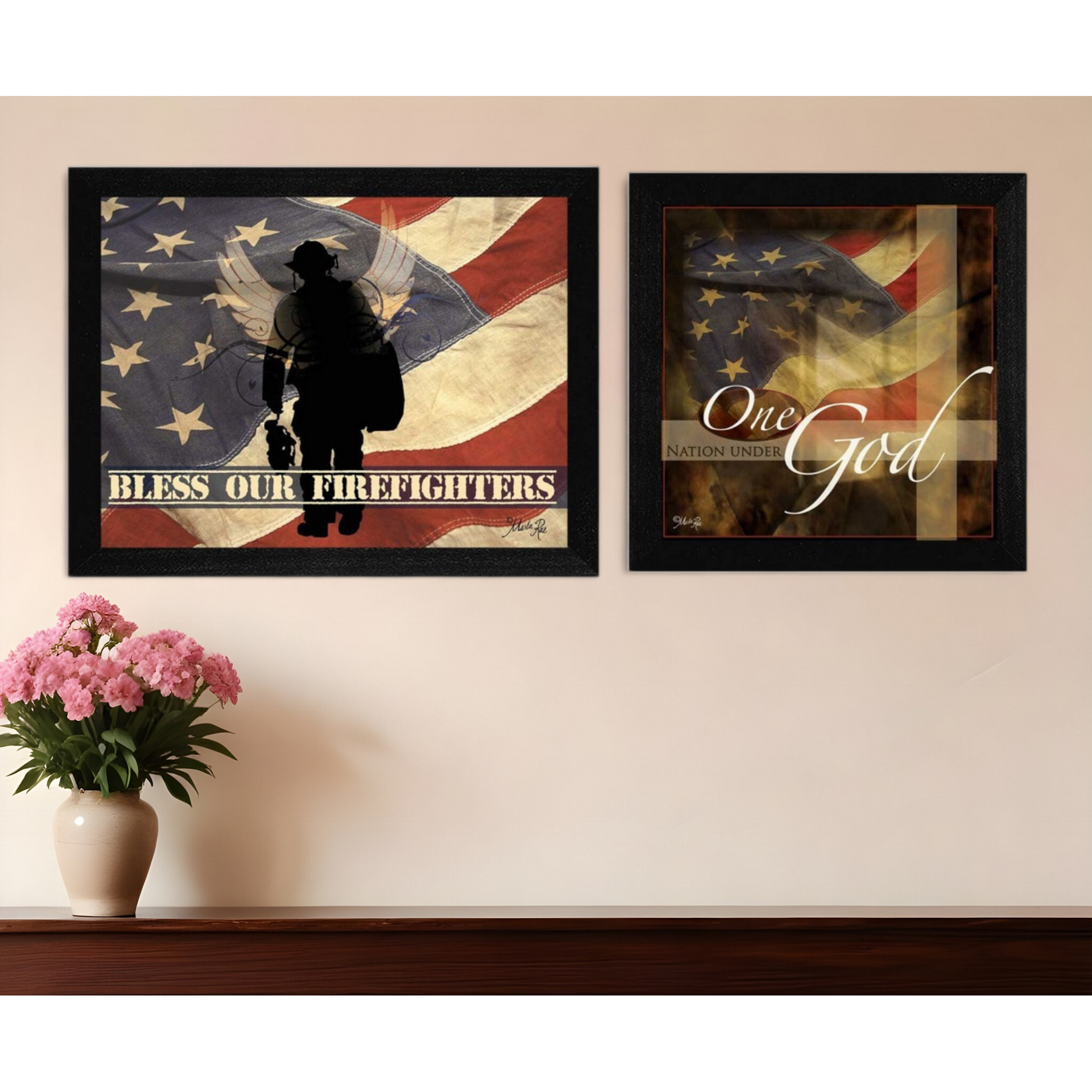 Set Of Two Firefighters One Nation Black Framed Print Wall Art