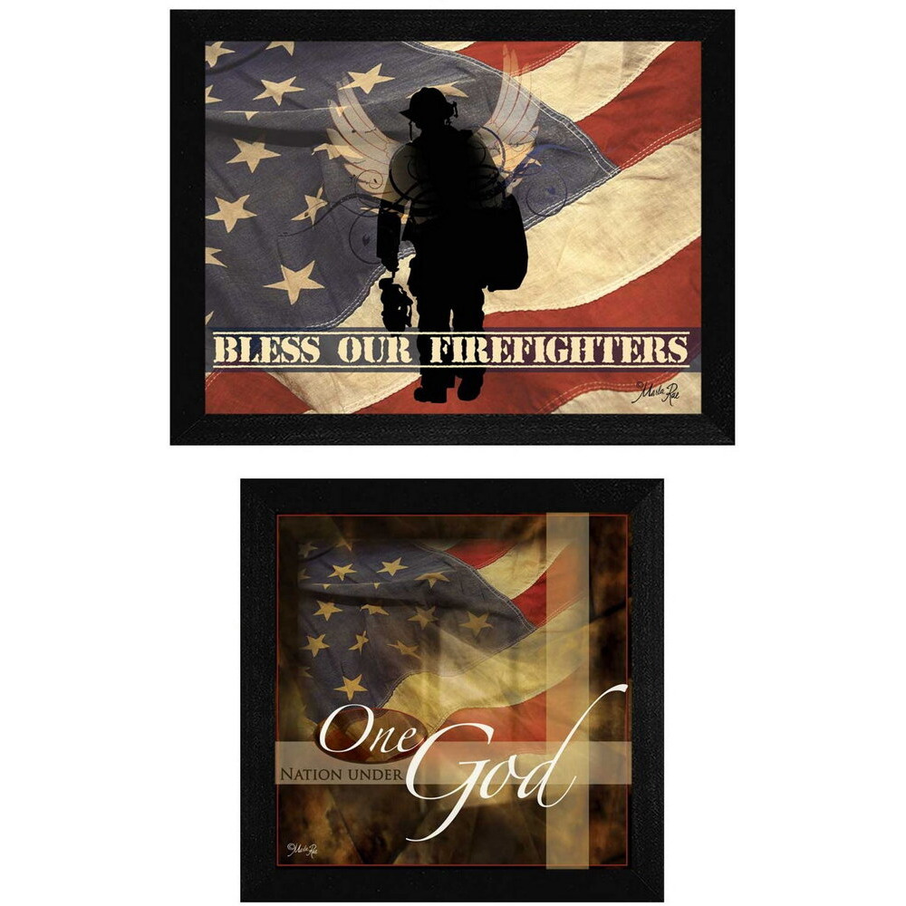 Set Of Two Firefighters One Nation Black Framed Print Wall Art