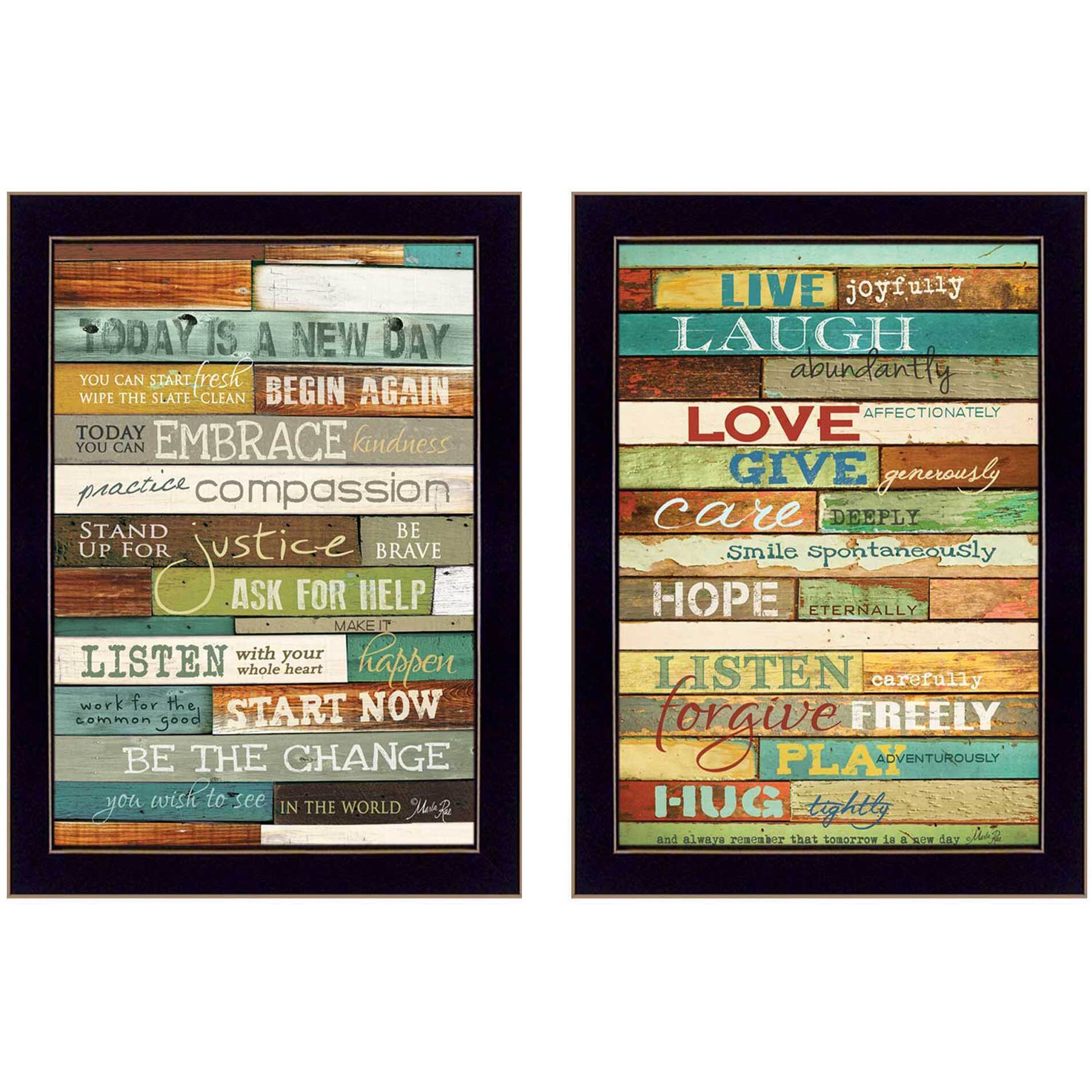Set Of Two Today is a New Day Faux Wood Slat Black Framed Print Wall Art