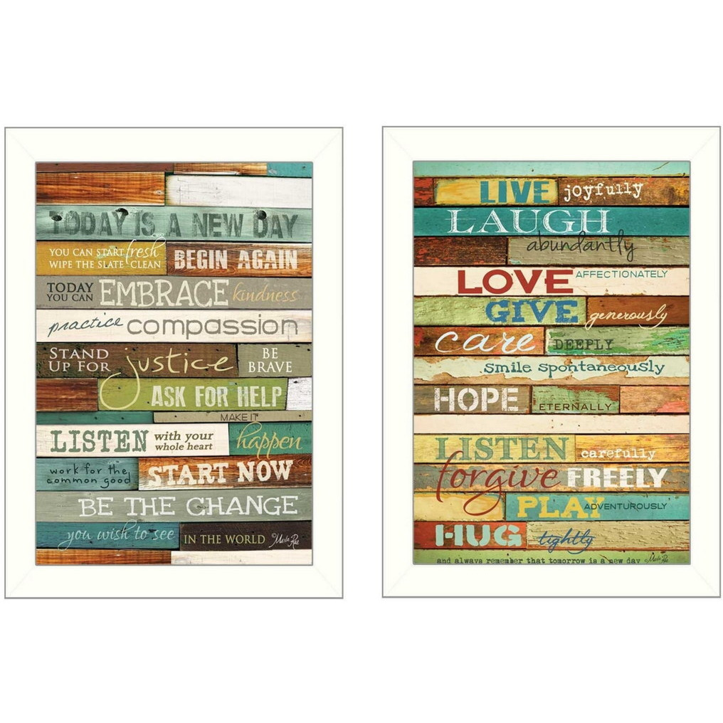 Set Of Two Today is a New Day Faux Wood Slat White Framed Print Wall Art