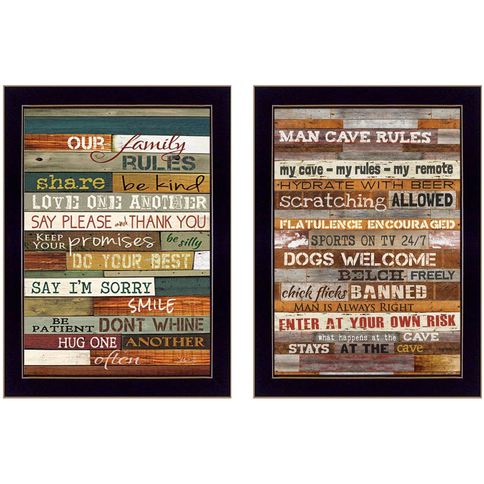 Set Of Two Family and Man Cave Rules 1 Black Framed Print Wall Art