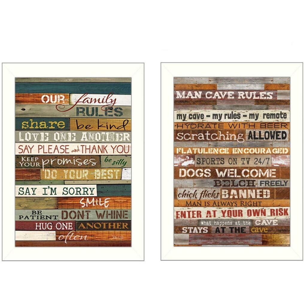Set Of Two Family and Man Cave Rules 2 White Framed Print Wall Art
