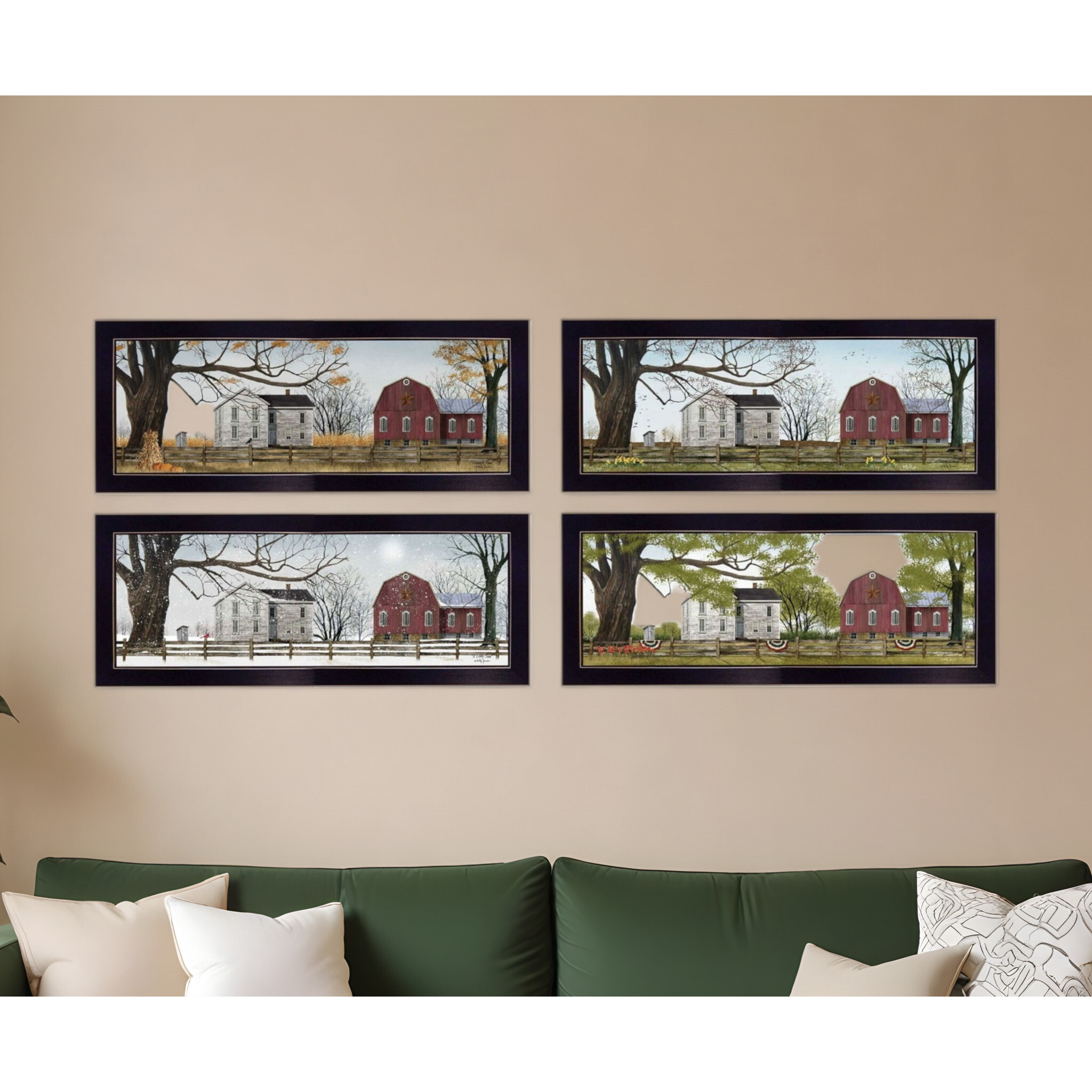 Set Of Four Red Barn For The Season Black Framed Print Wall Art