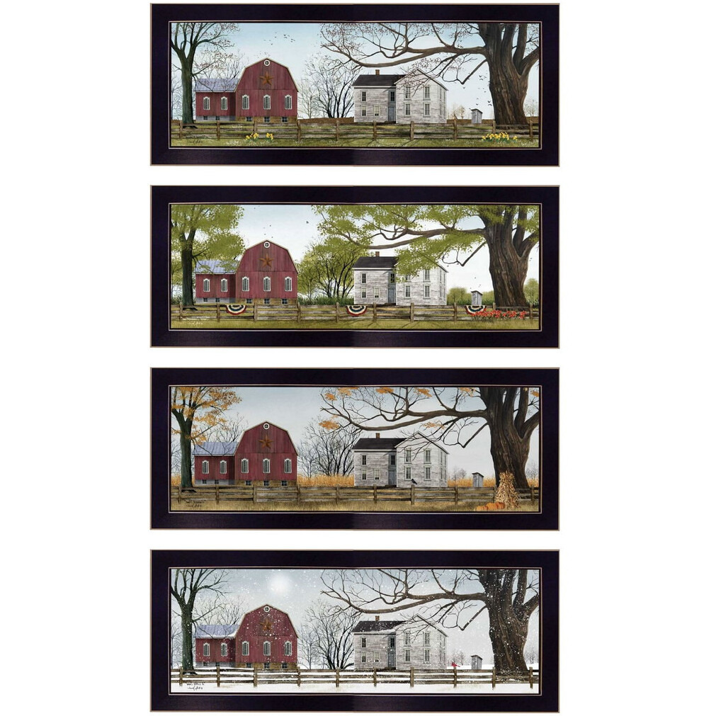 Set Of Four Red Barn For The Season Black Framed Print Wall Art