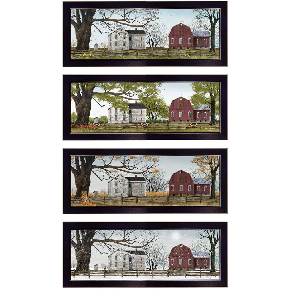 Set Of Four Red Barn For The Season Black Framed Print Wall Art
