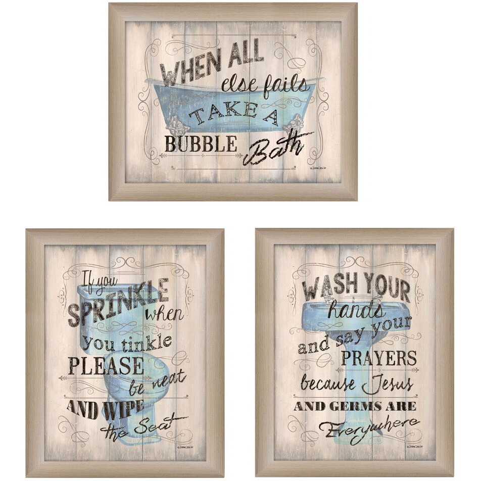 Set Of Three Humorous Brown Framed Print Bathroom Wall Art