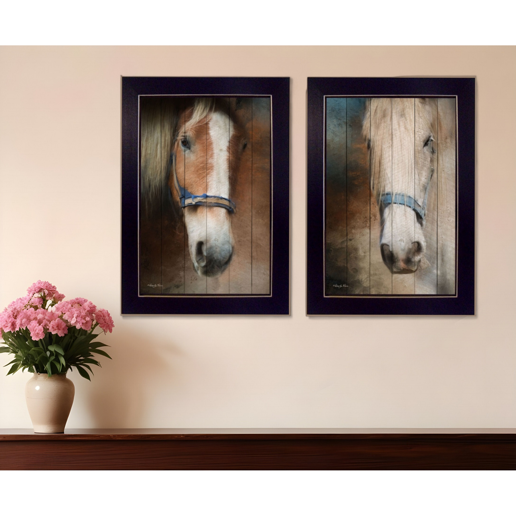 Set Of Two Two Horses Black Framed Print Wall Art
