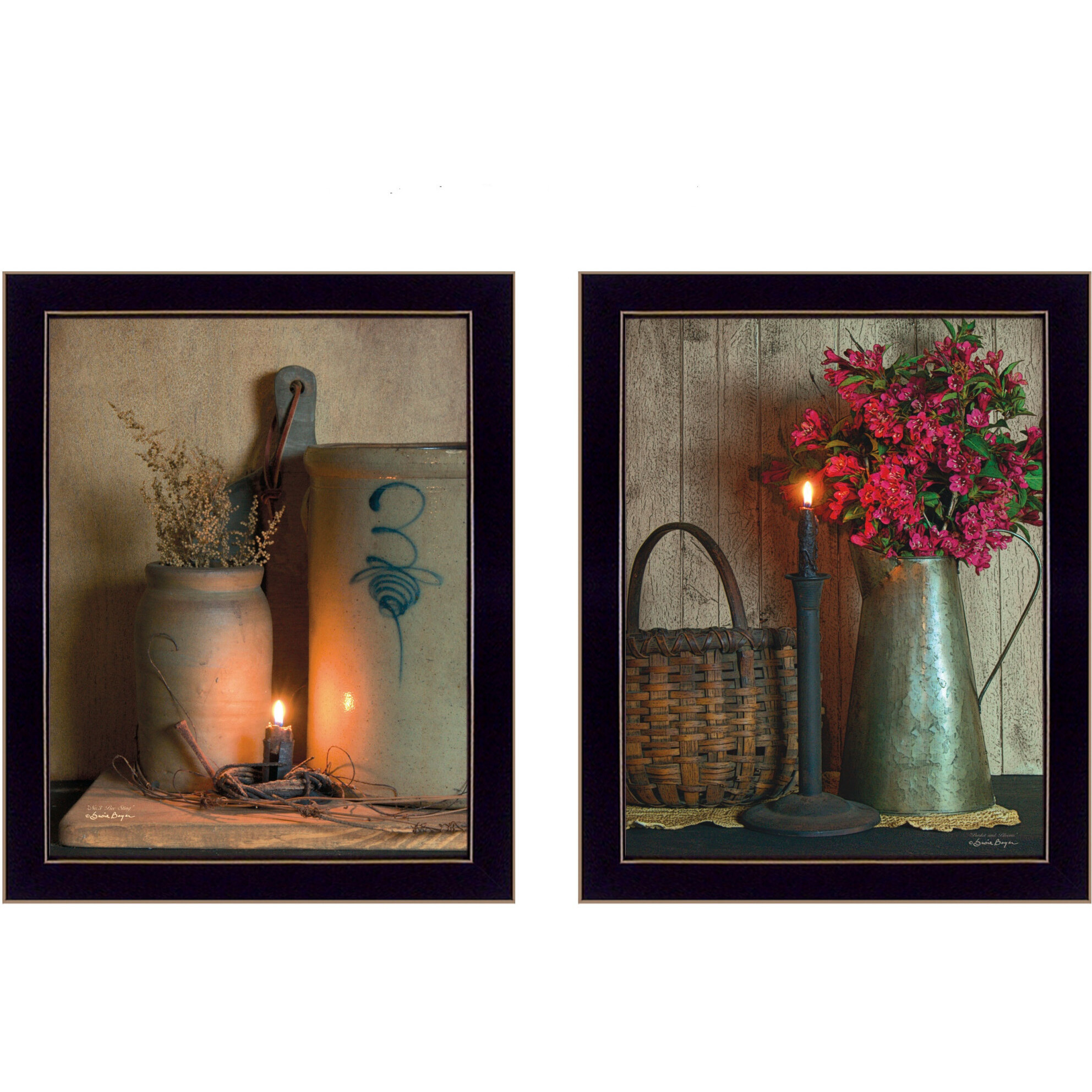 Set Of Two Americana Country Candlelight Black Framed Print Wall Art