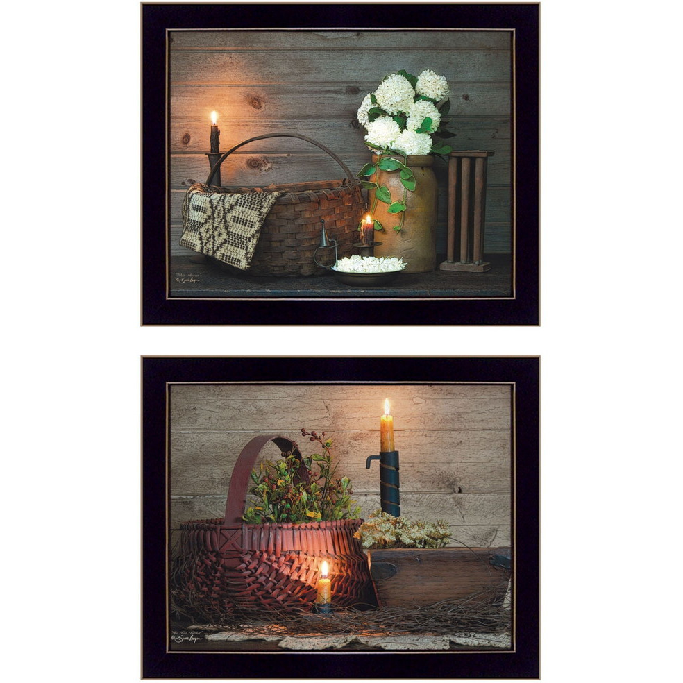 Set Of Two Baskets and Flowers Black Framed Print Wall Art