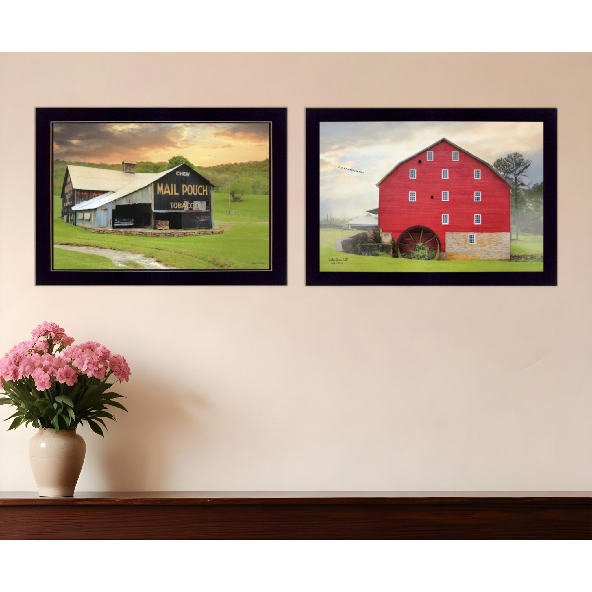 Set Of Two Mail Pouch Red Barn and Mill  Black Framed Print Wall Art