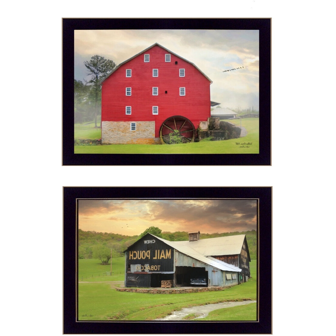 Set Of Two Mail Pouch Red Barn and Mill  Black Framed Print Wall Art