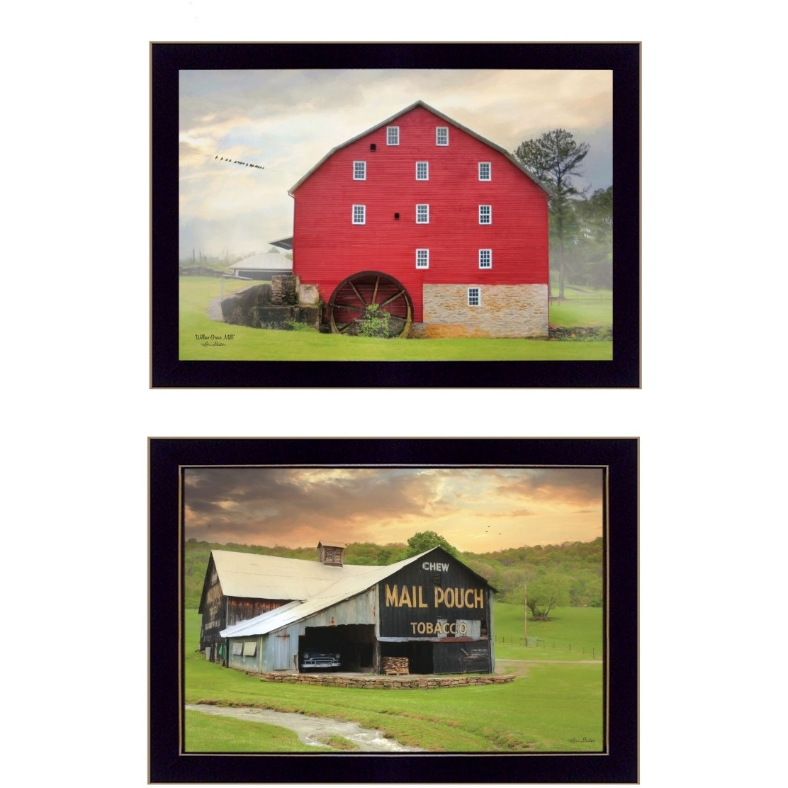 Set Of Two Mail Pouch Red Barn and Mill  Black Framed Print Wall Art