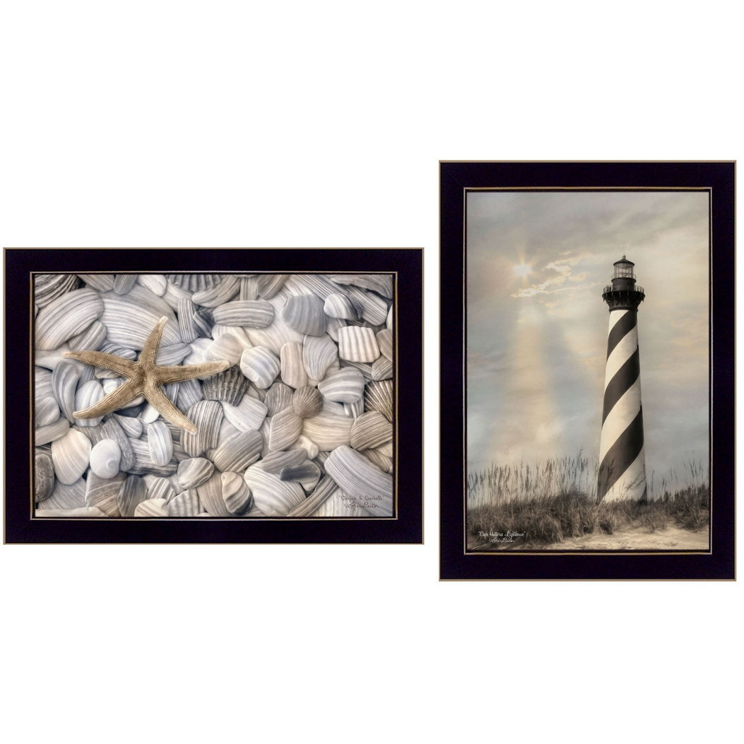 Set Of Two Cape Hatteras Lighthouse and Sea Shells 1 Black Framed Print Wall Art