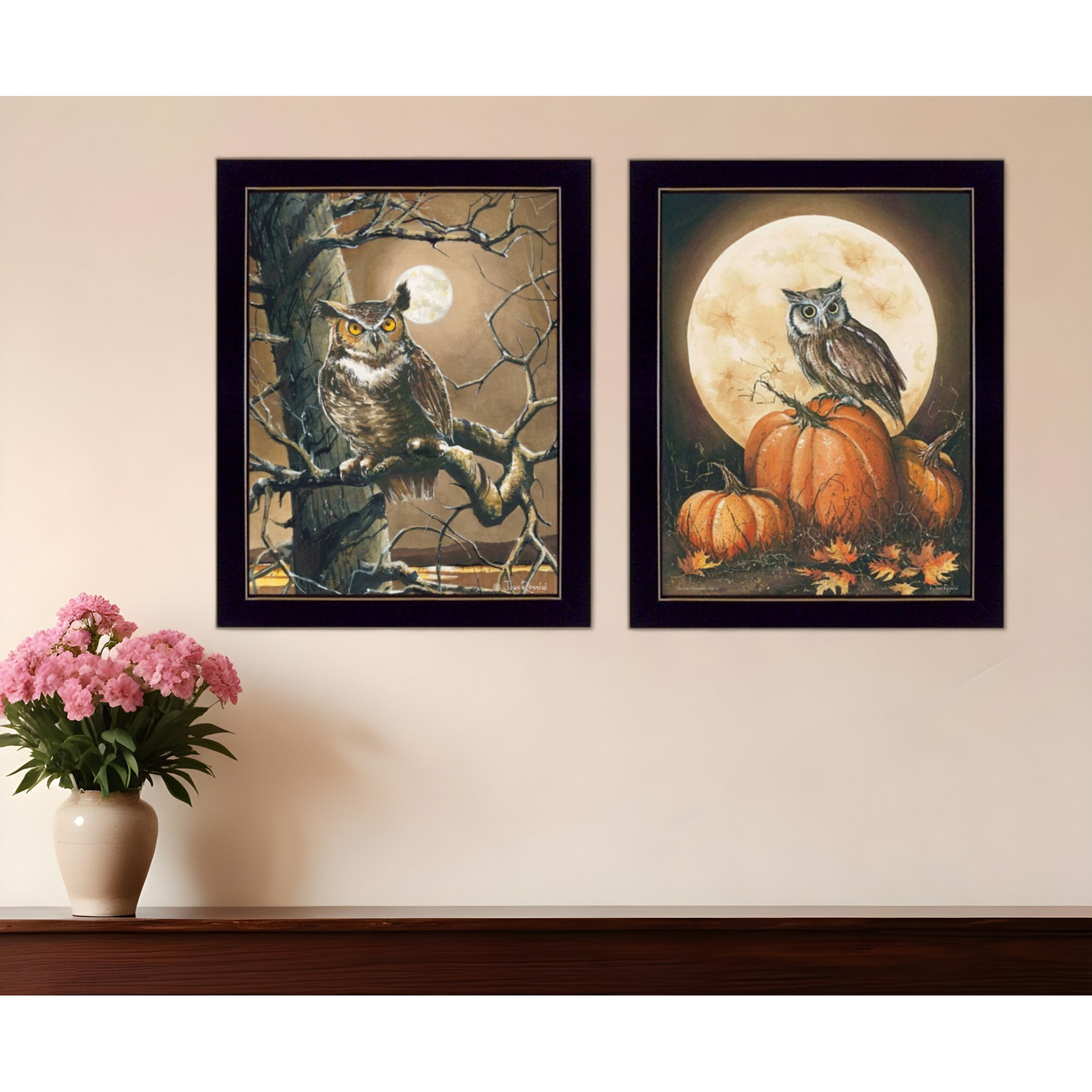 Set Of Two Autumn Owls Black Framed Print Wall Art