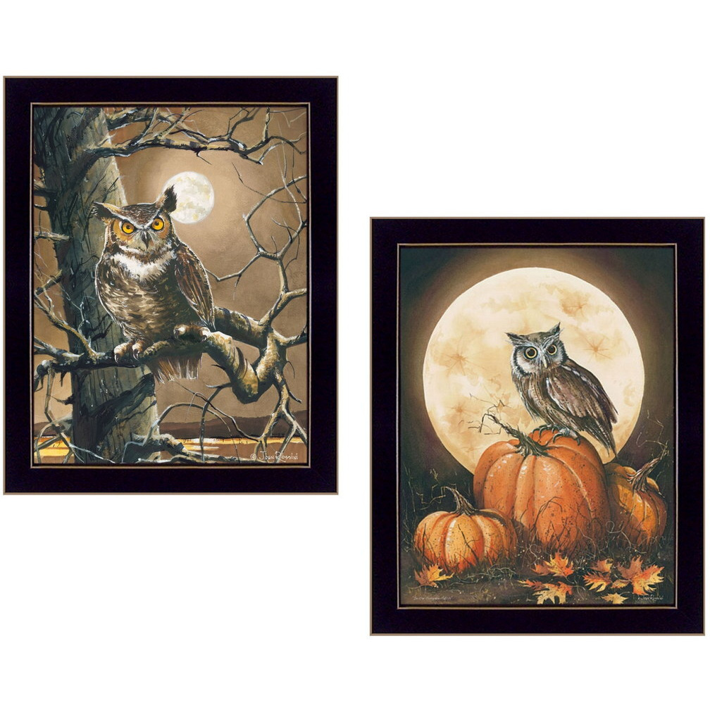Set Of Two Autumn Owls Black Framed Print Wall Art