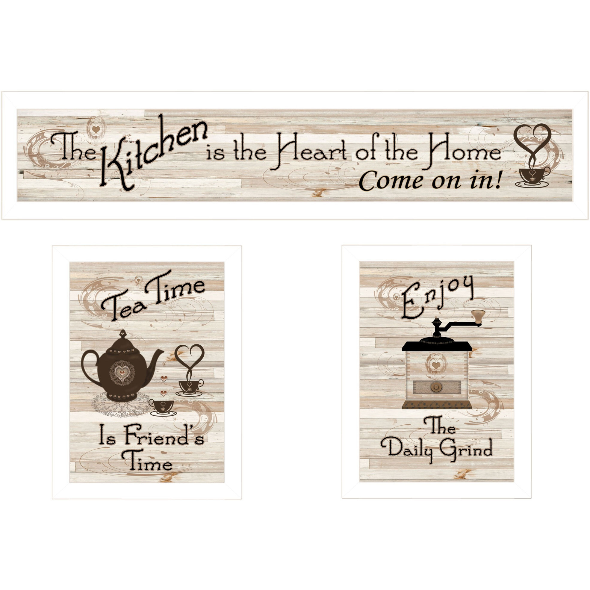 Set Of Three Kitchen Is The Heart of Home White Framed Kitchen Wall Art