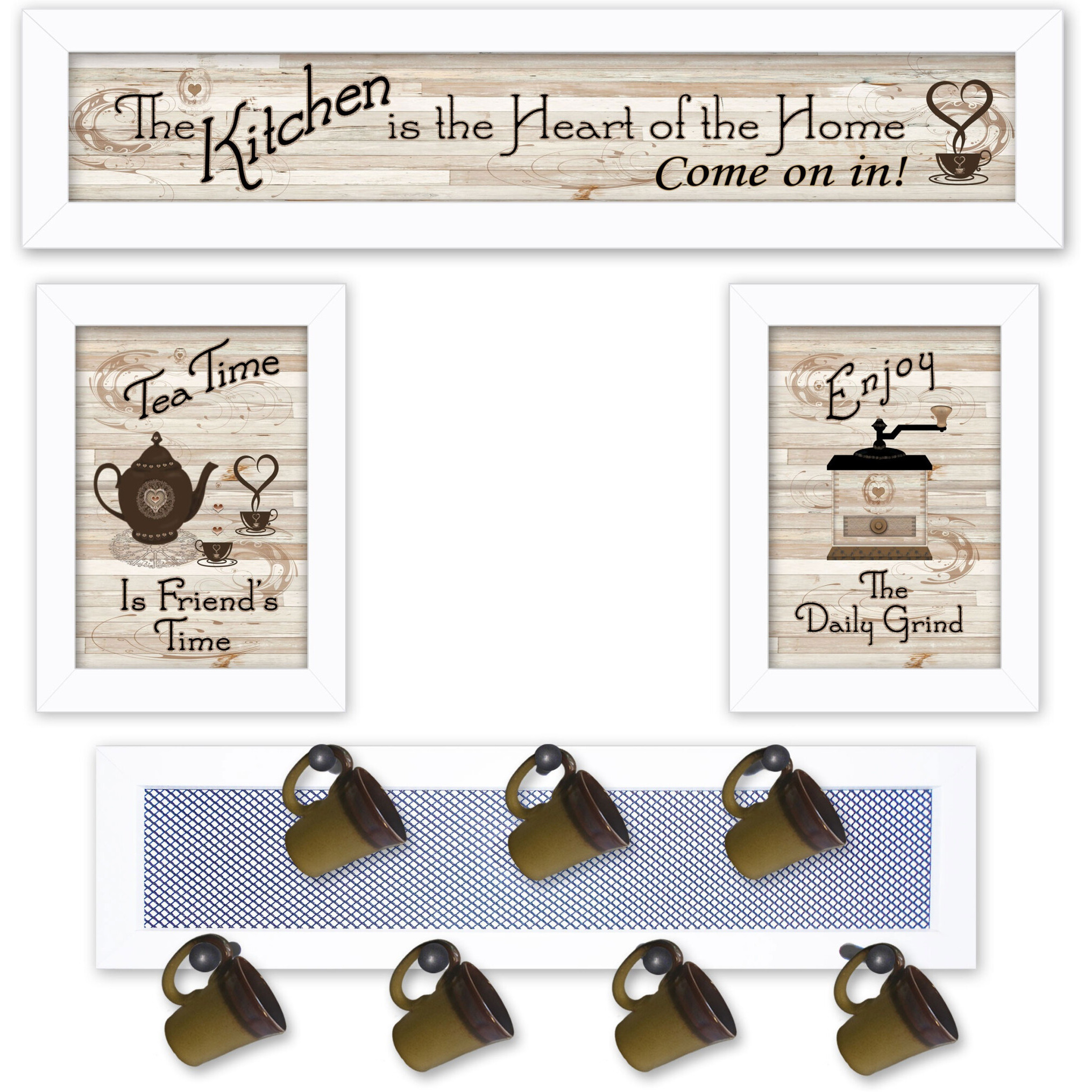 Set Of Four Kitchen Collection IV with Seven Peg Mug Rack 4 White Framed Print Kitchen Wall Art