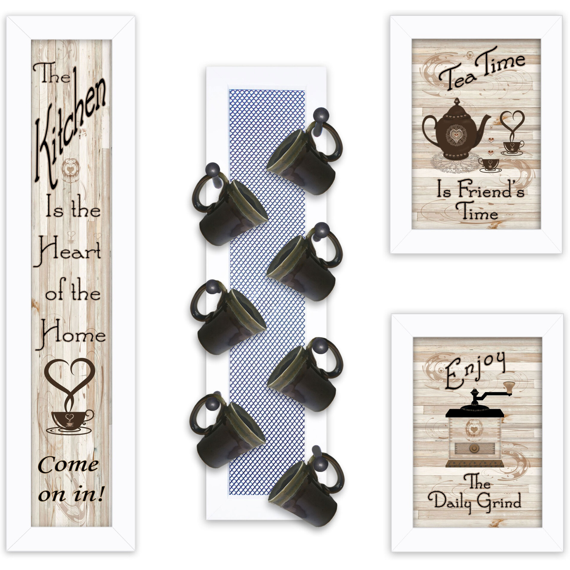 Set Of Four Kitchen Collection V with Seven Peg Mug Rack 4 White Framed Print Kitchen Wall Art