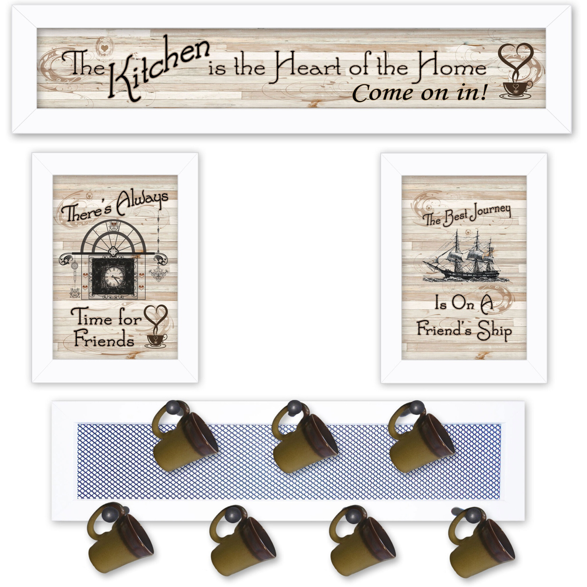 Set Of Four Kitchen Collection VI with Seven Peg Mug Rack 4 White Framed Print Kitchen Wall Art