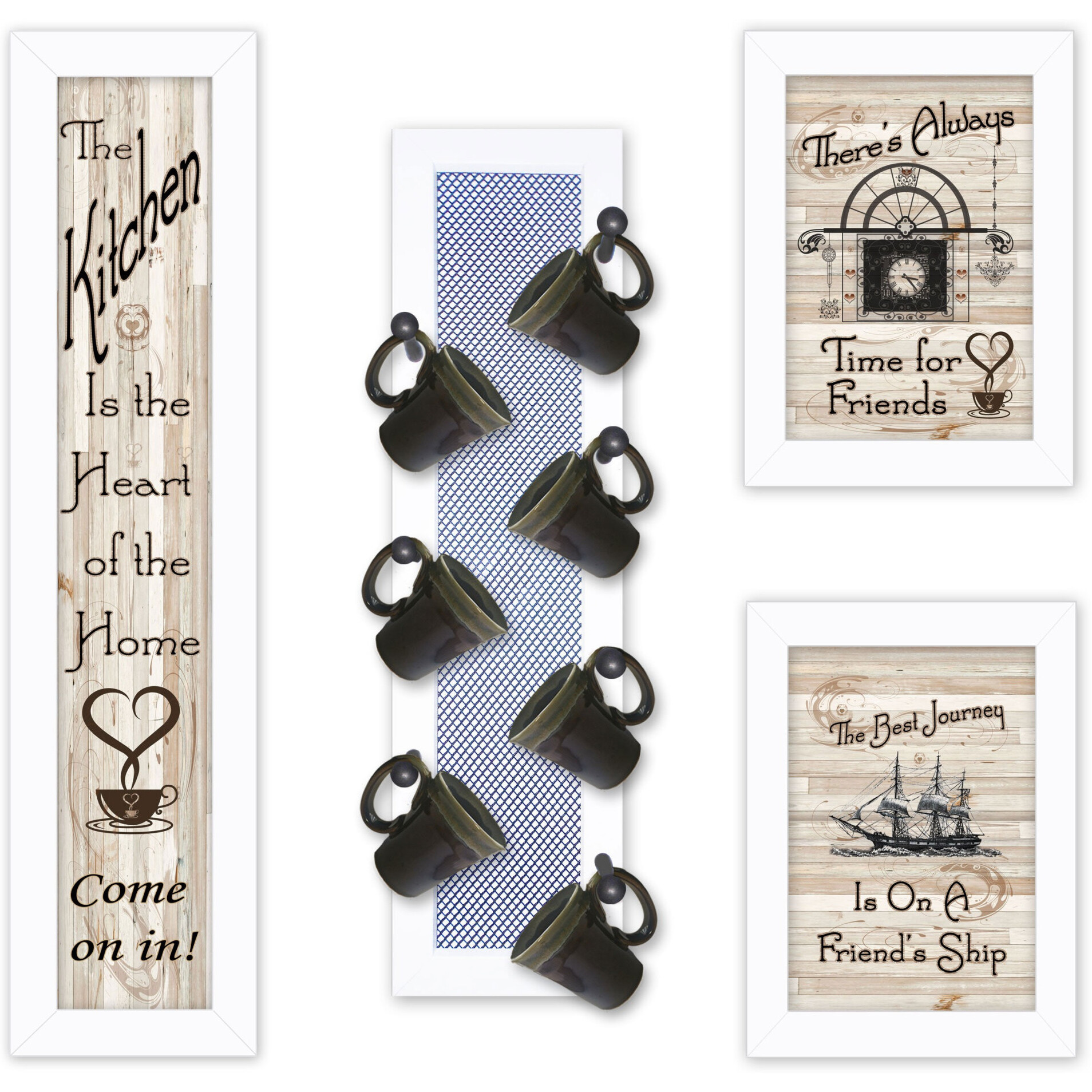 Set Of Four Kitchen Collection with Seven Peg Mug Rack White Framed Print Kitchen Wall Art