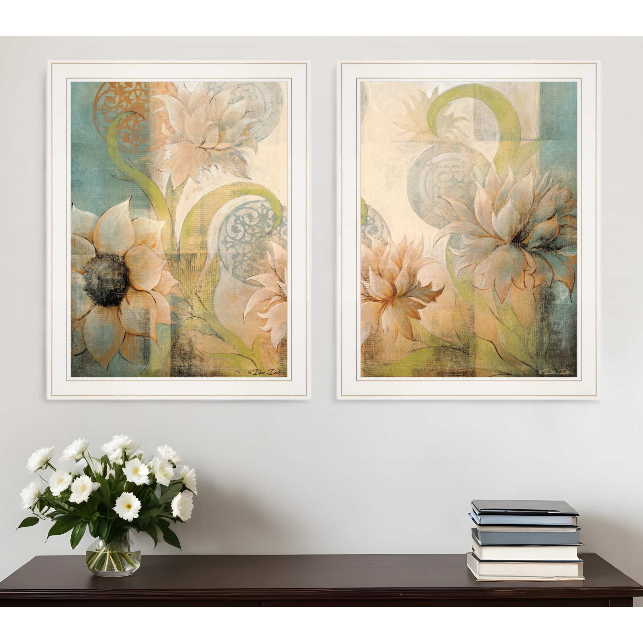 Set Of Two Meandering Flowers I and II 1 White Framed Print Wall Art