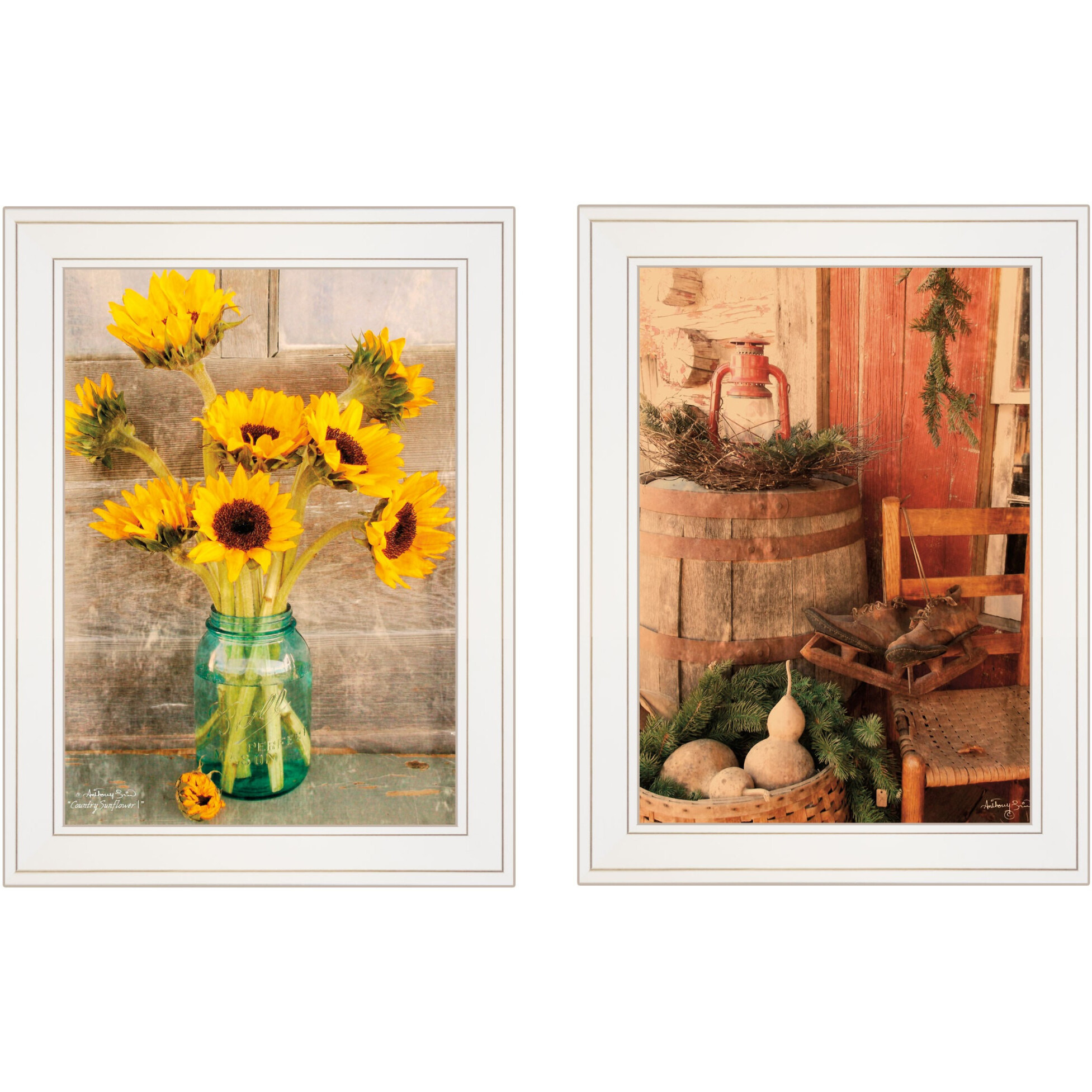 Set Of Two Vintage Country and Sunflowers 1 White Framed Print Wall Art