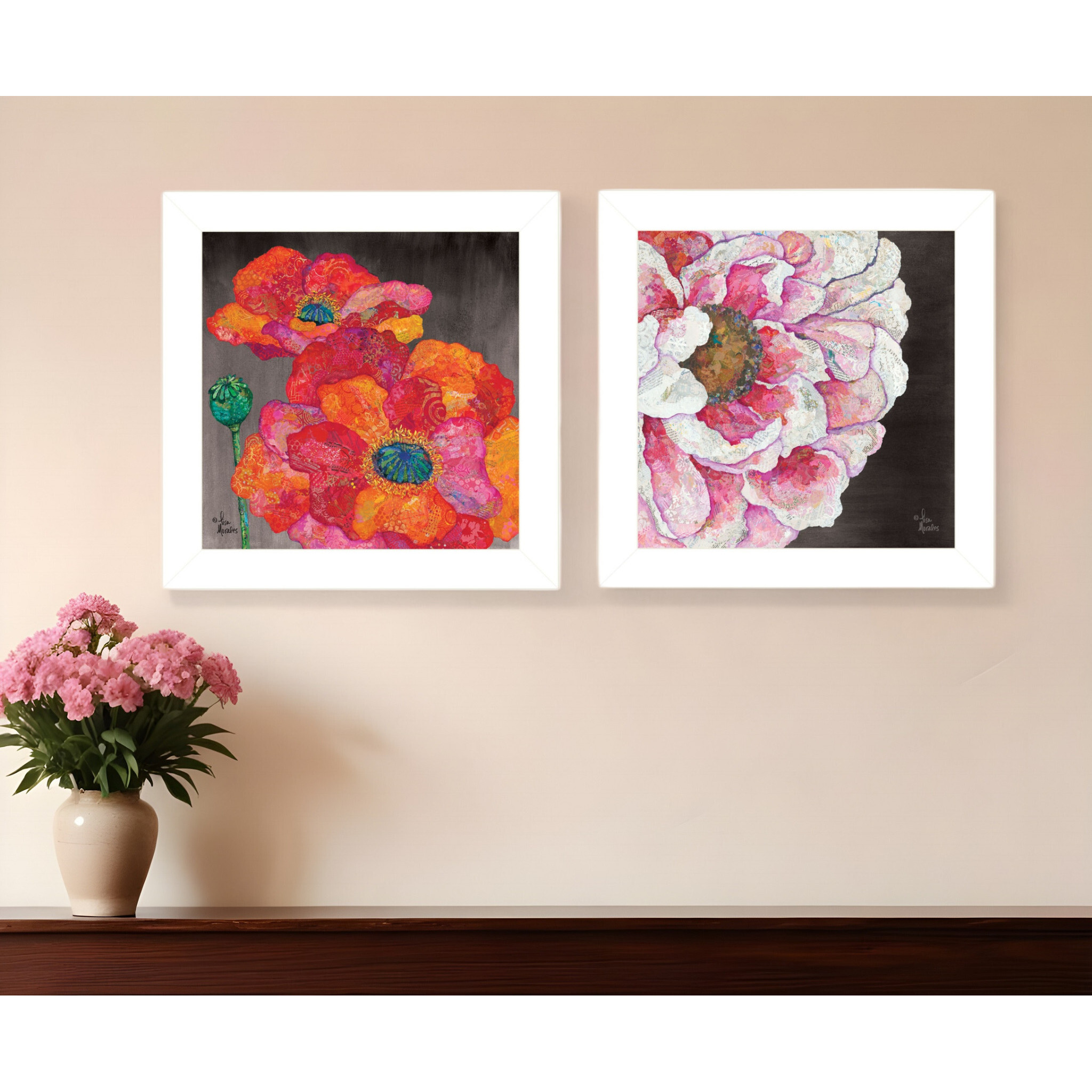 Set Of Two Blooms on Black 1 White Framed Print Wall Art