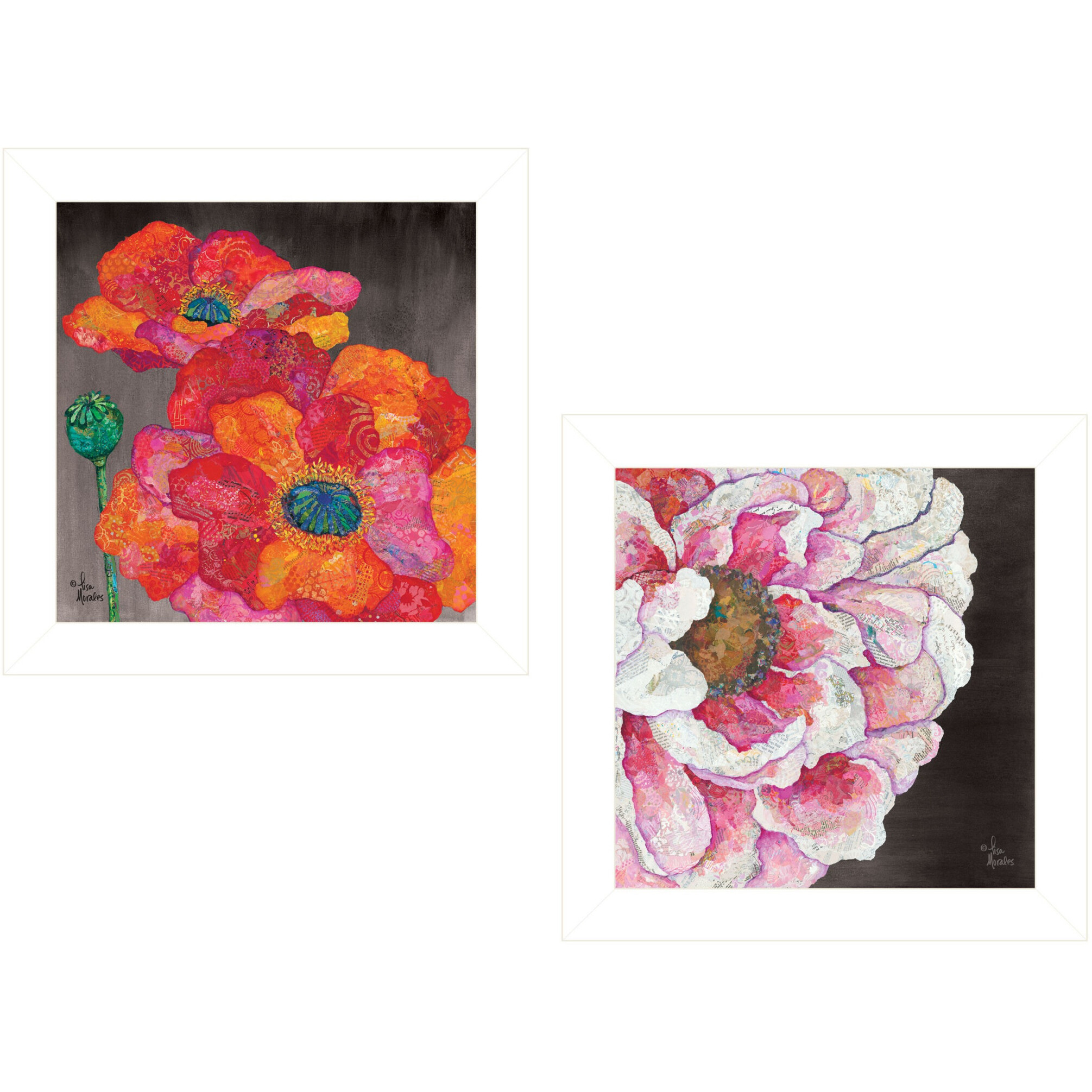 Set Of Two Blooms on Black 1 White Framed Print Wall Art