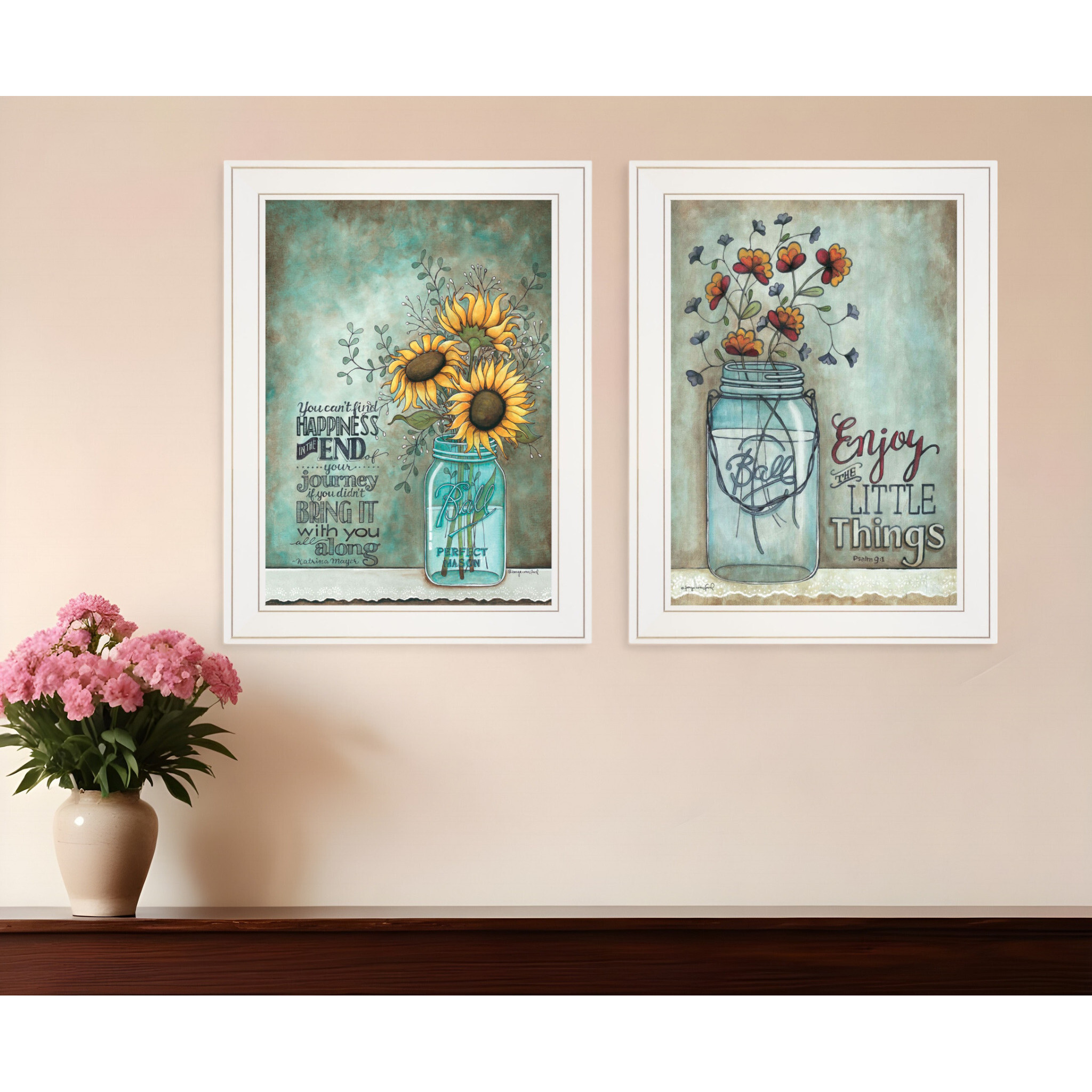 Set Of Two Enjoy the Little Things or Happiness 1 White Framed Print Wall Art