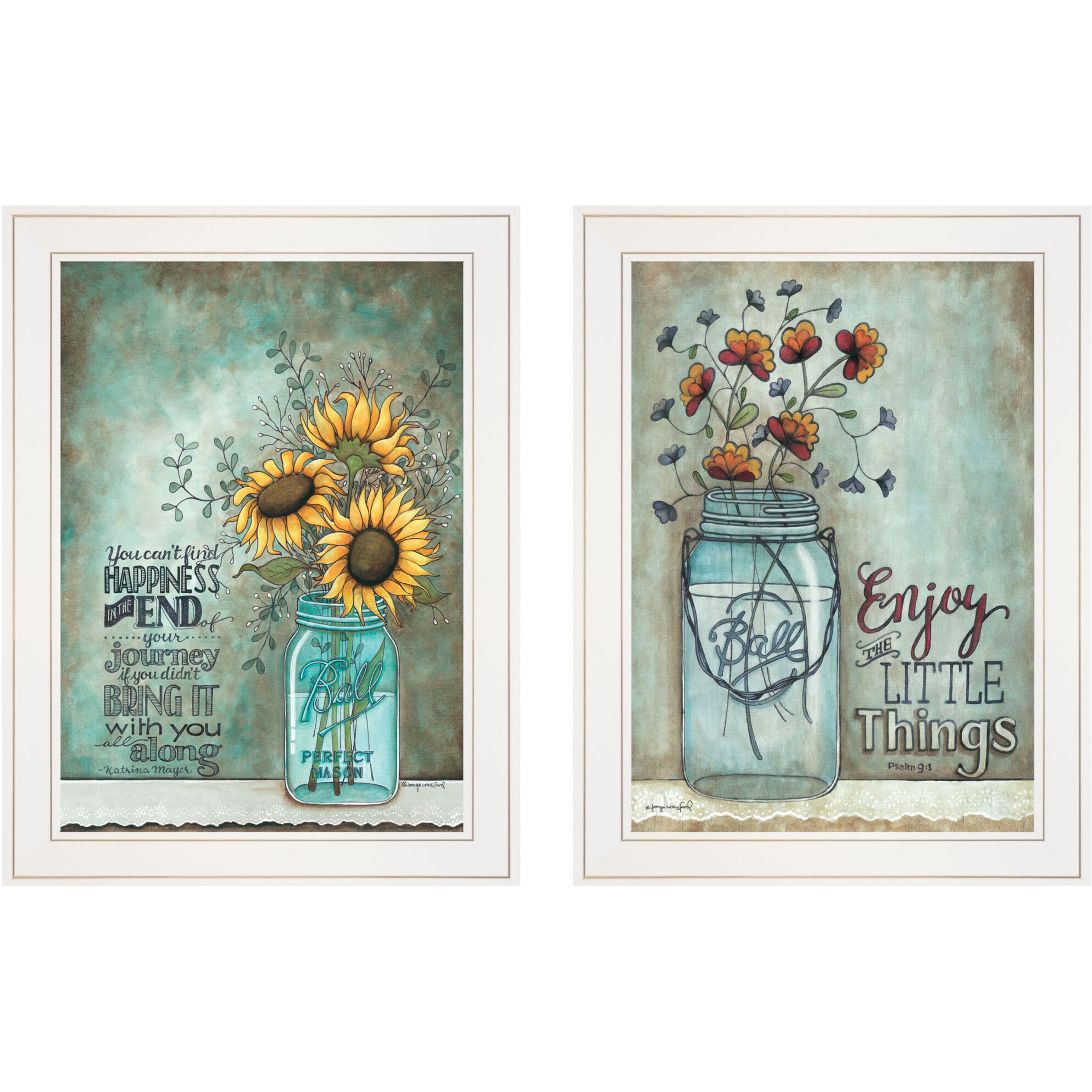 Set Of Two Enjoy the Little Things or Happiness 1 White Framed Print Wall Art