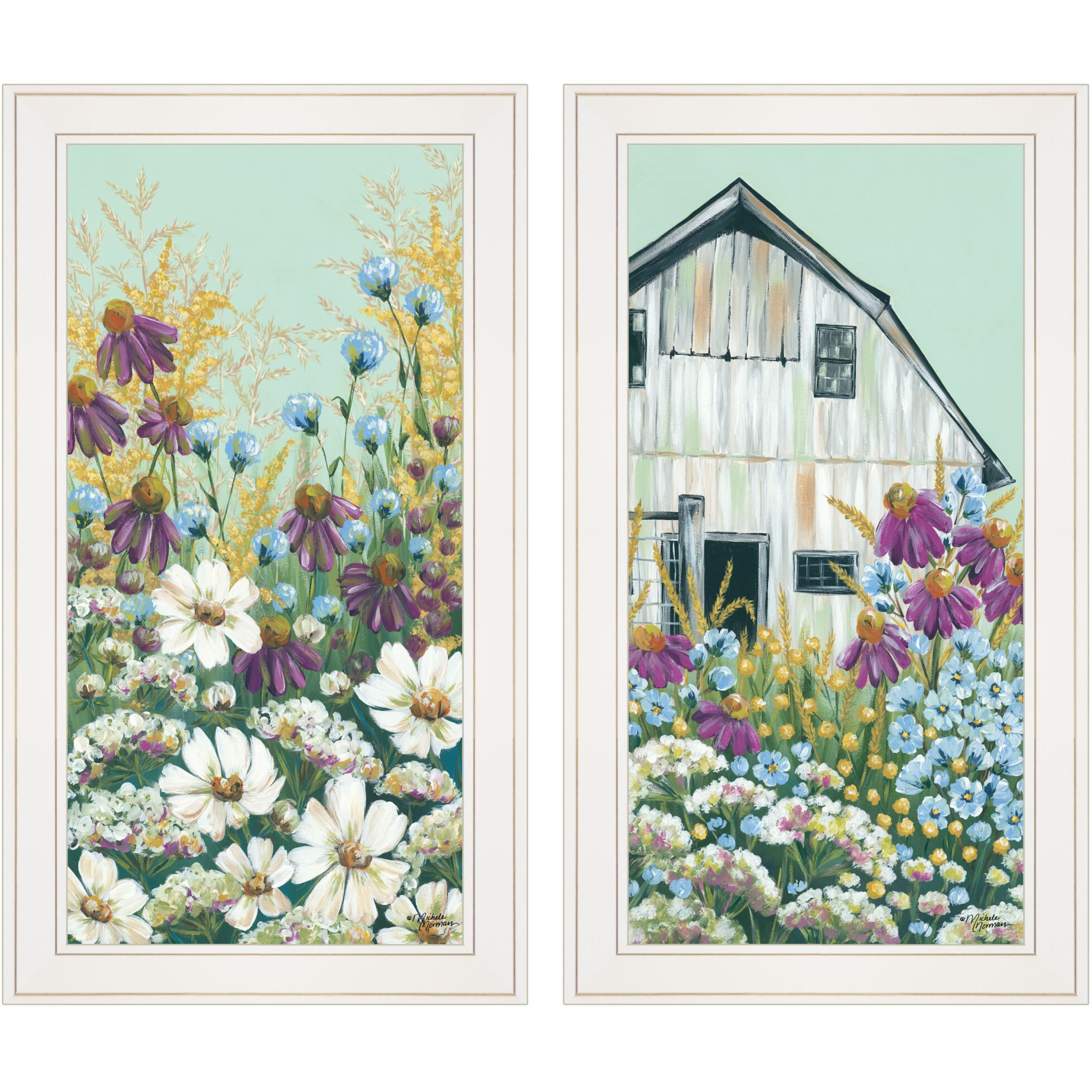 Set Of Two Floral Field 1 White Framed Print Wall Art