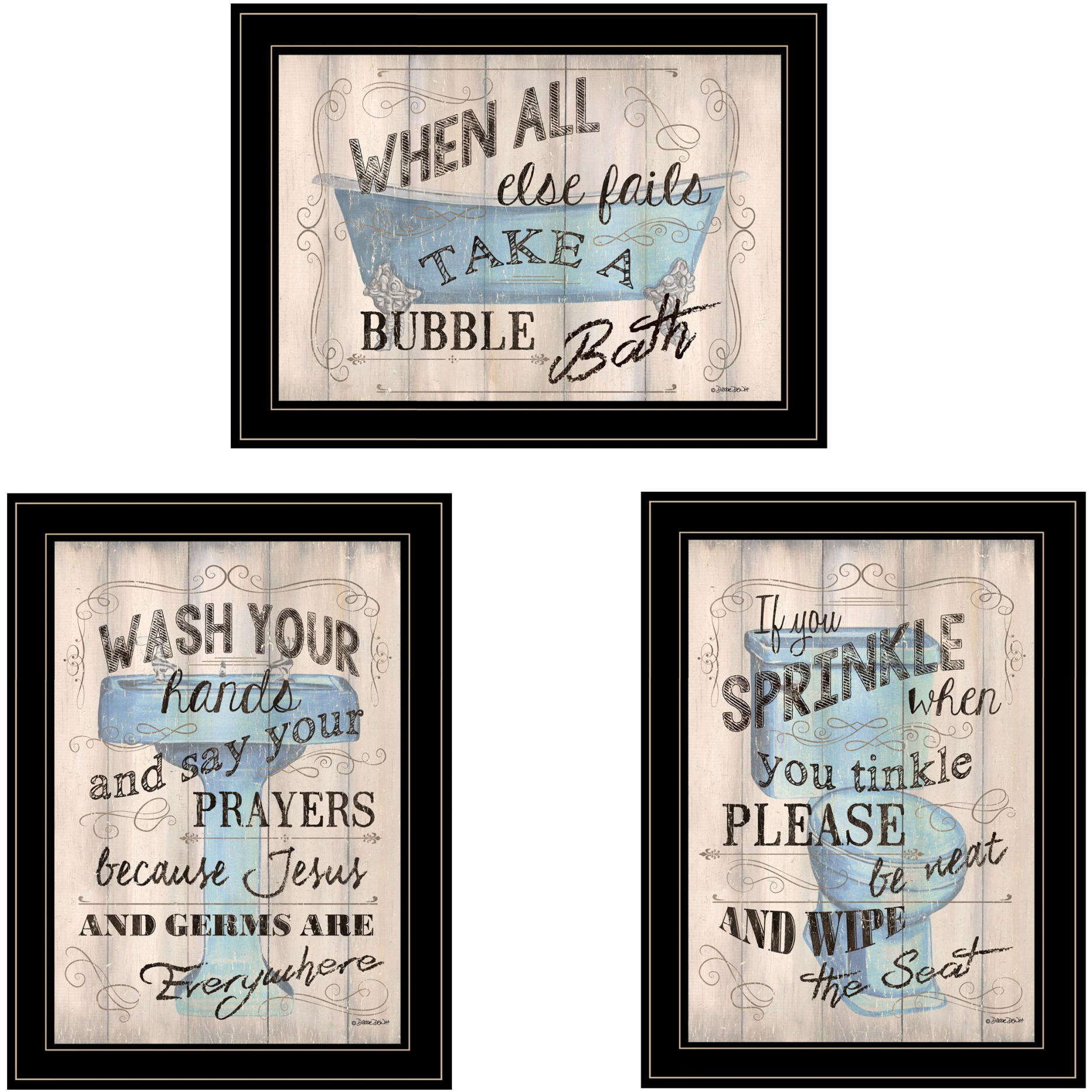 Set Of Three Bathroom Humor Black Framed Print Bathroom Wall Art