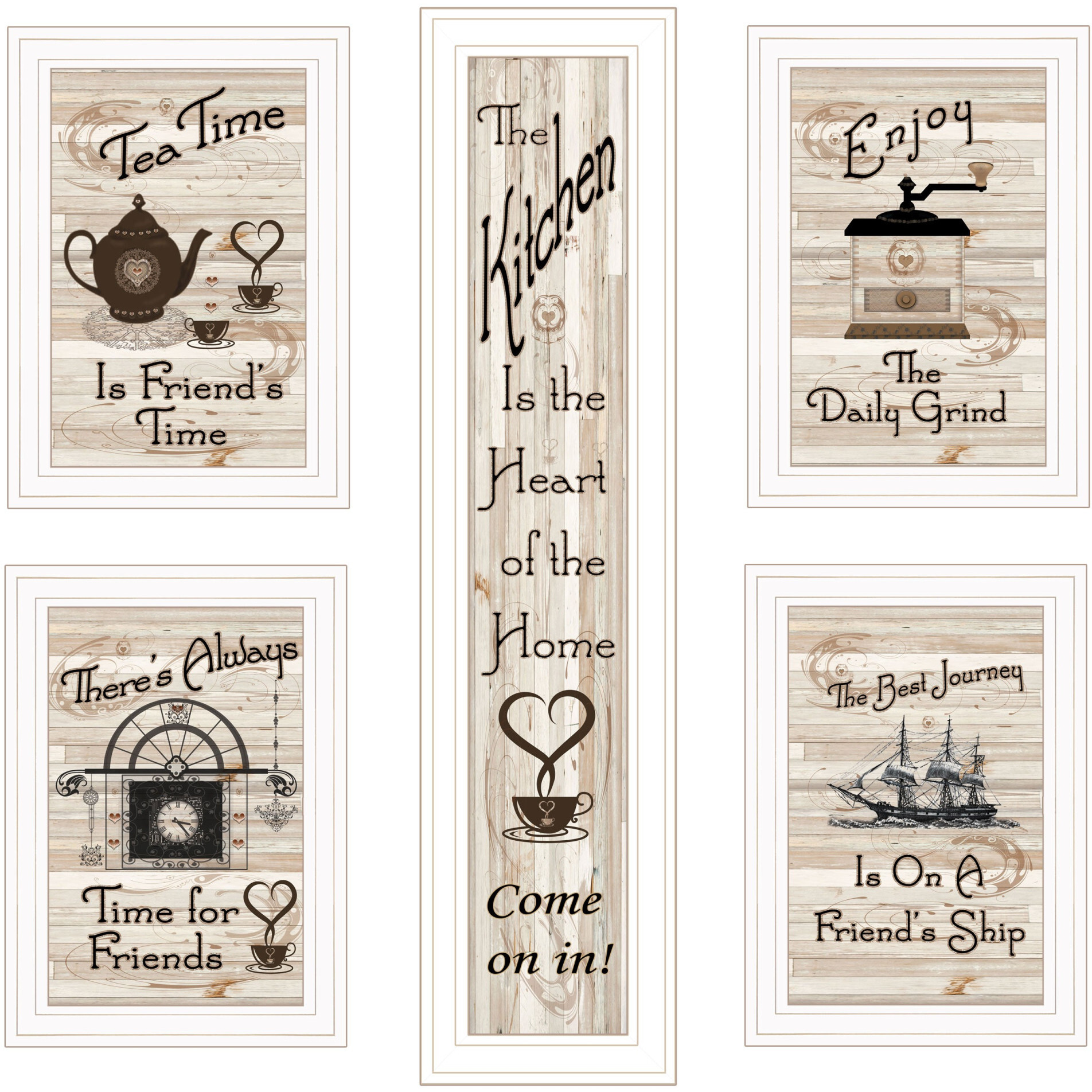 Set Of Five Kitchen Friendship 5 White Framed Print Kitchen Wall Art