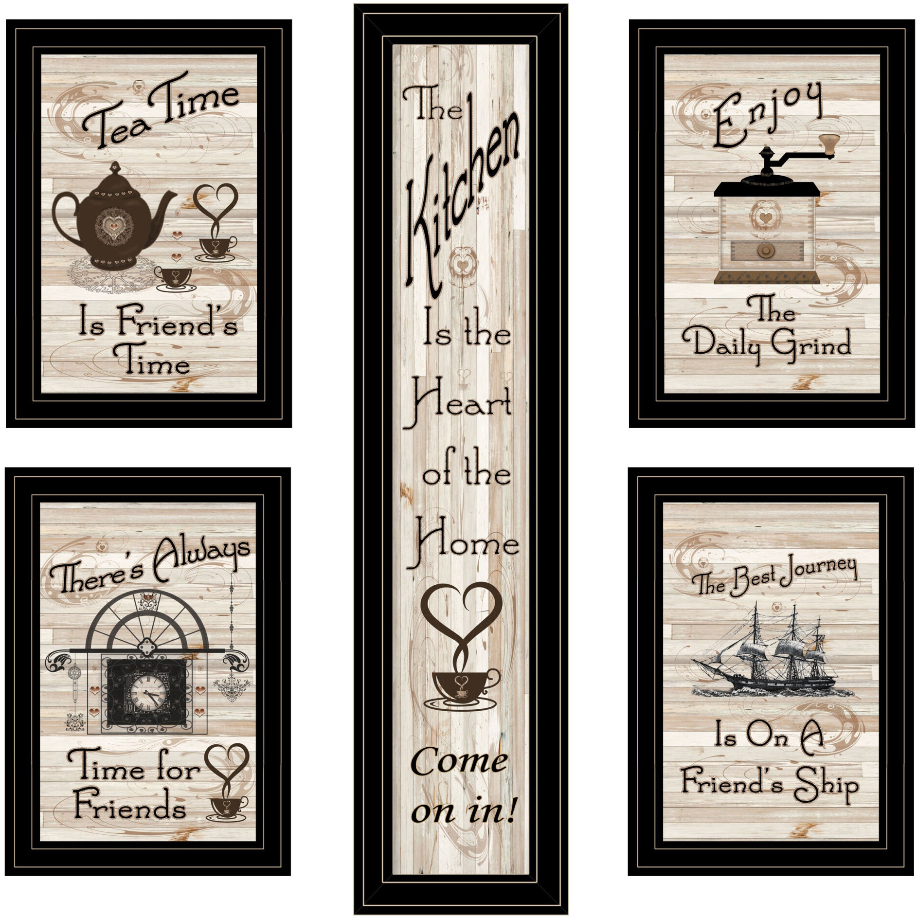 Set Of Five Kitchen Friendship Black Framed Print Kitchen Wall Art