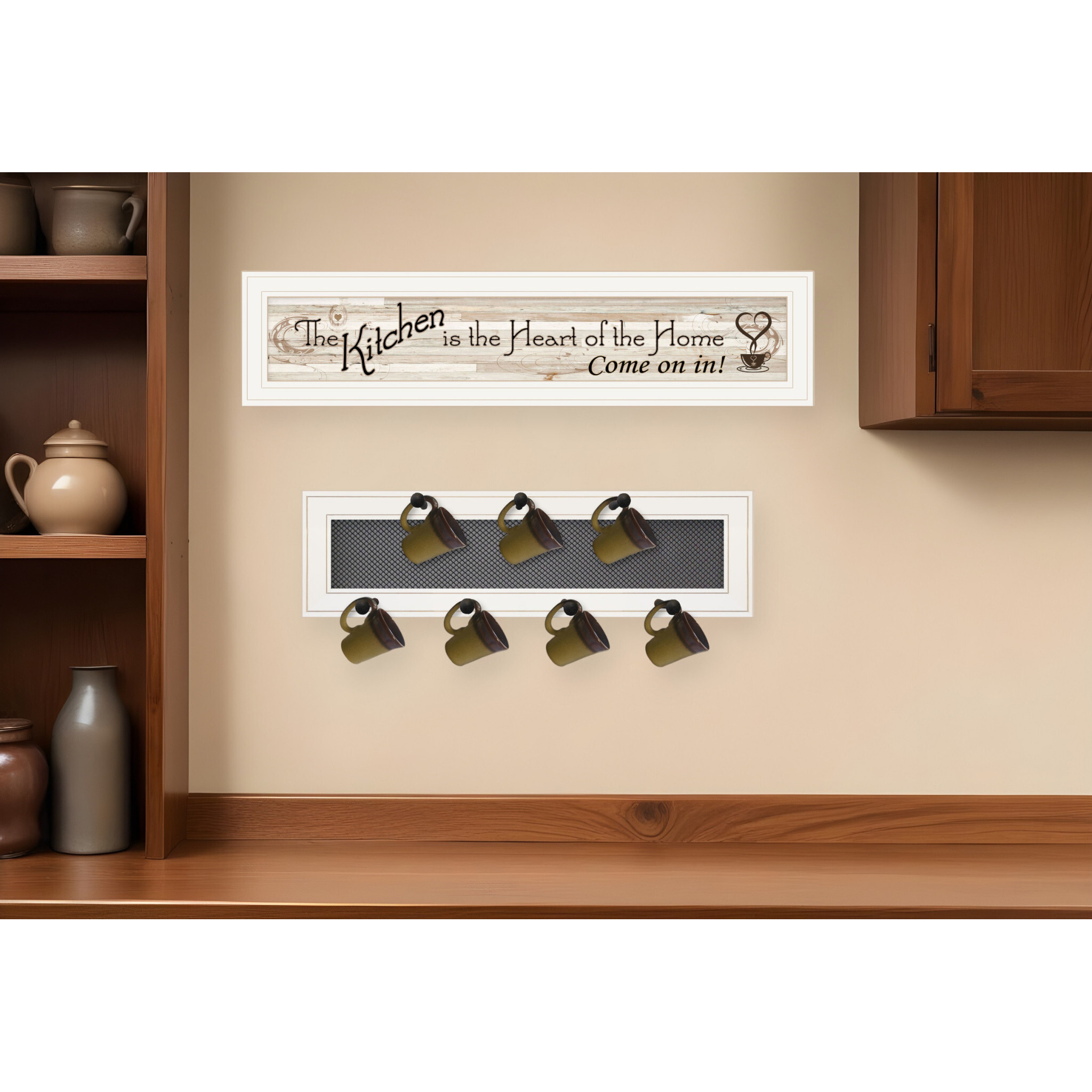 Set Of Two Kitchen Print and Mug Rack White Framed Kitchen Wall Art