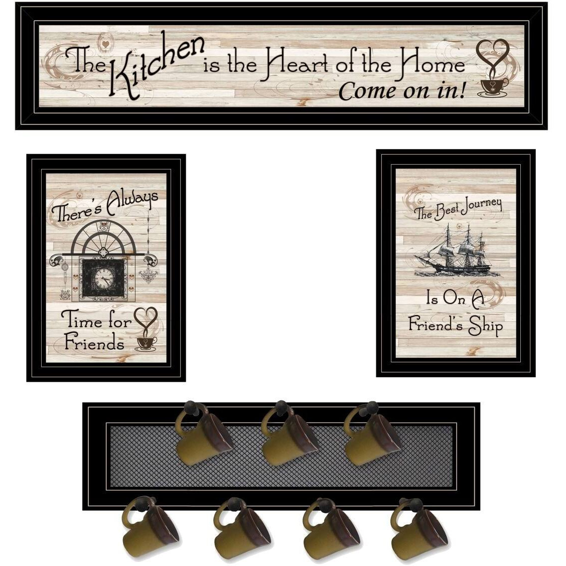 Set Of Four Kitchen Wall Art and Mug Rack