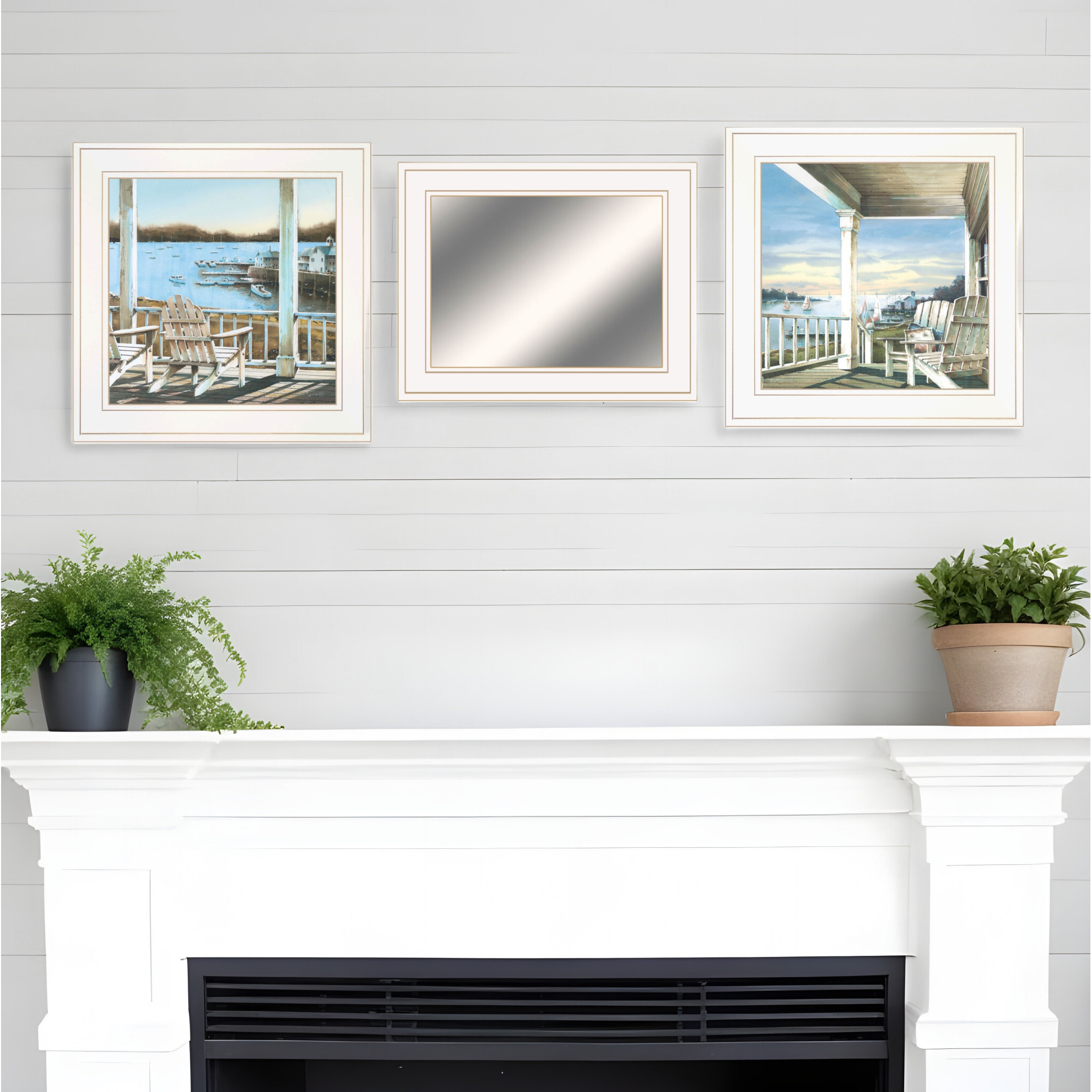 Set Of Three Lake Side White Framed Wall Art With Mirror