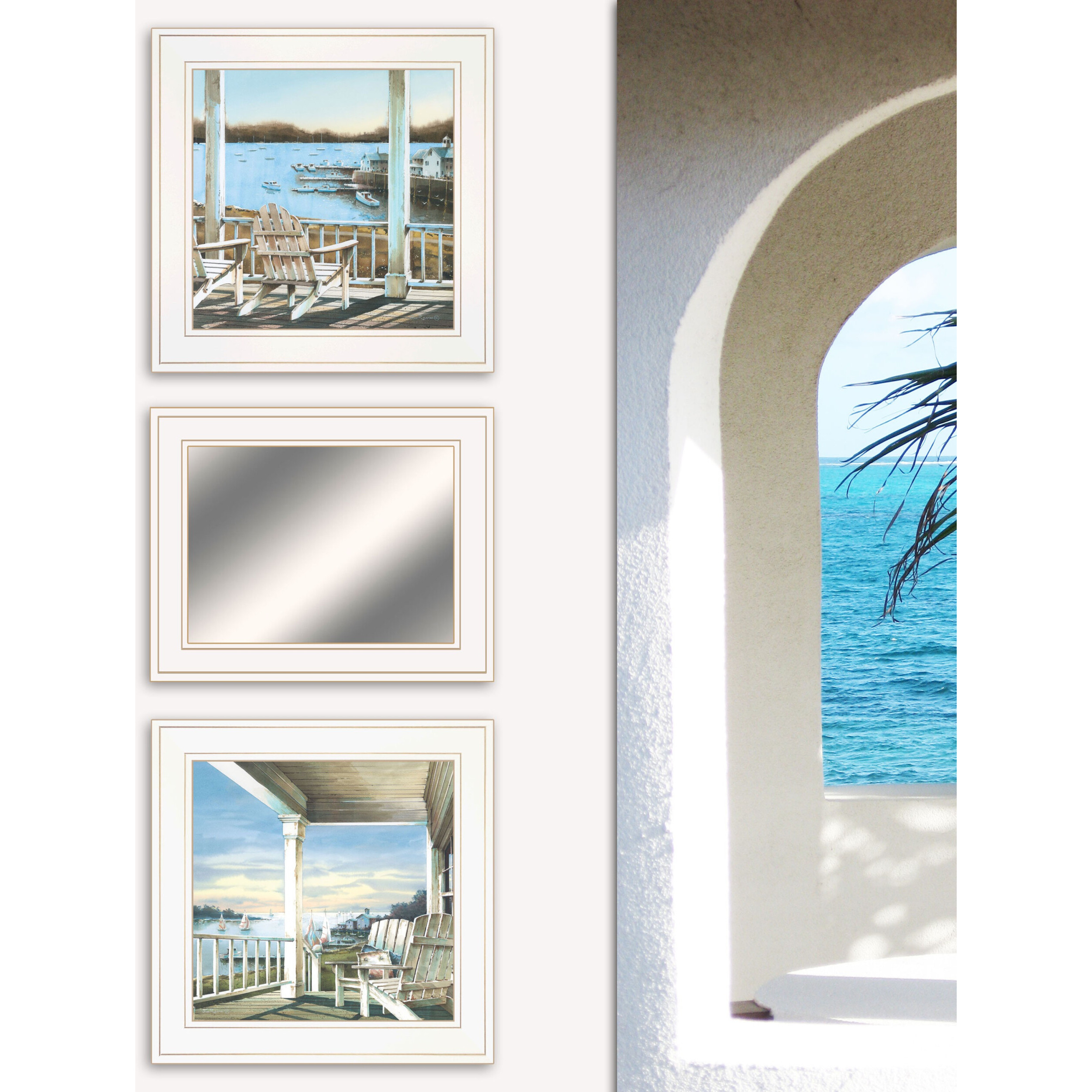 Set Of Three Lake Side White Framed Wall Art With Mirror