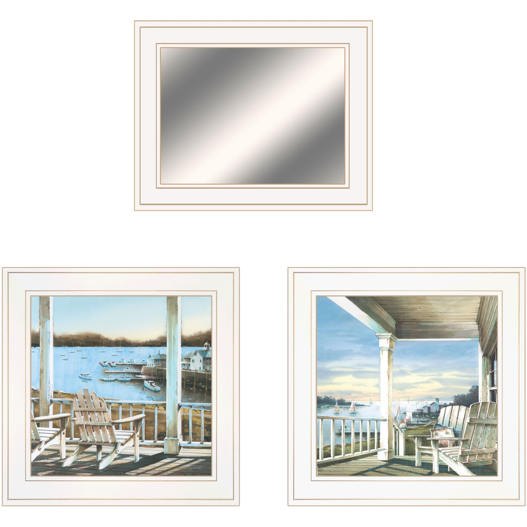 Set Of Three Lake Side White Framed Wall Art With Mirror
