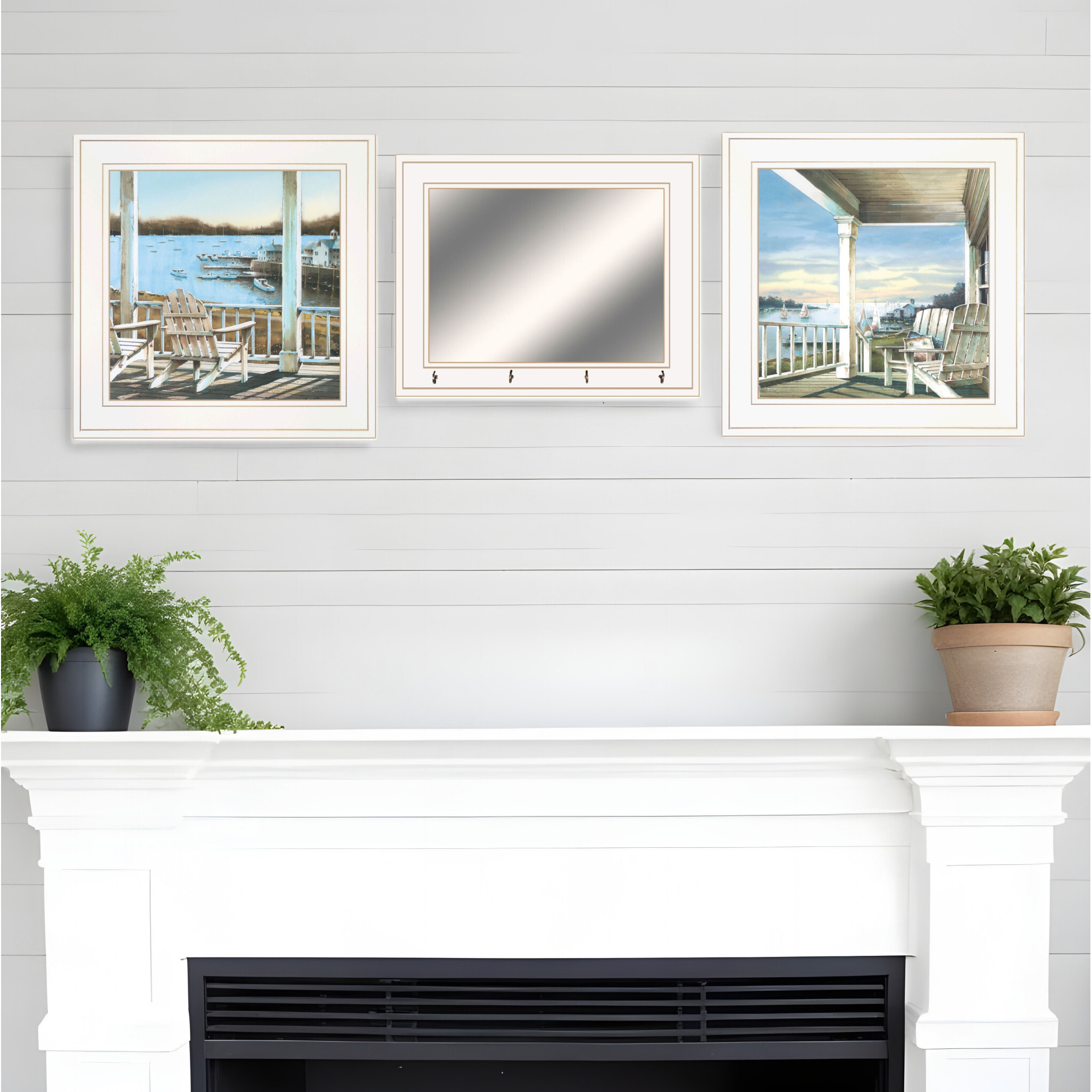Set Of Three Lake Side White Framed Wall Art With Mirror And Hooks
