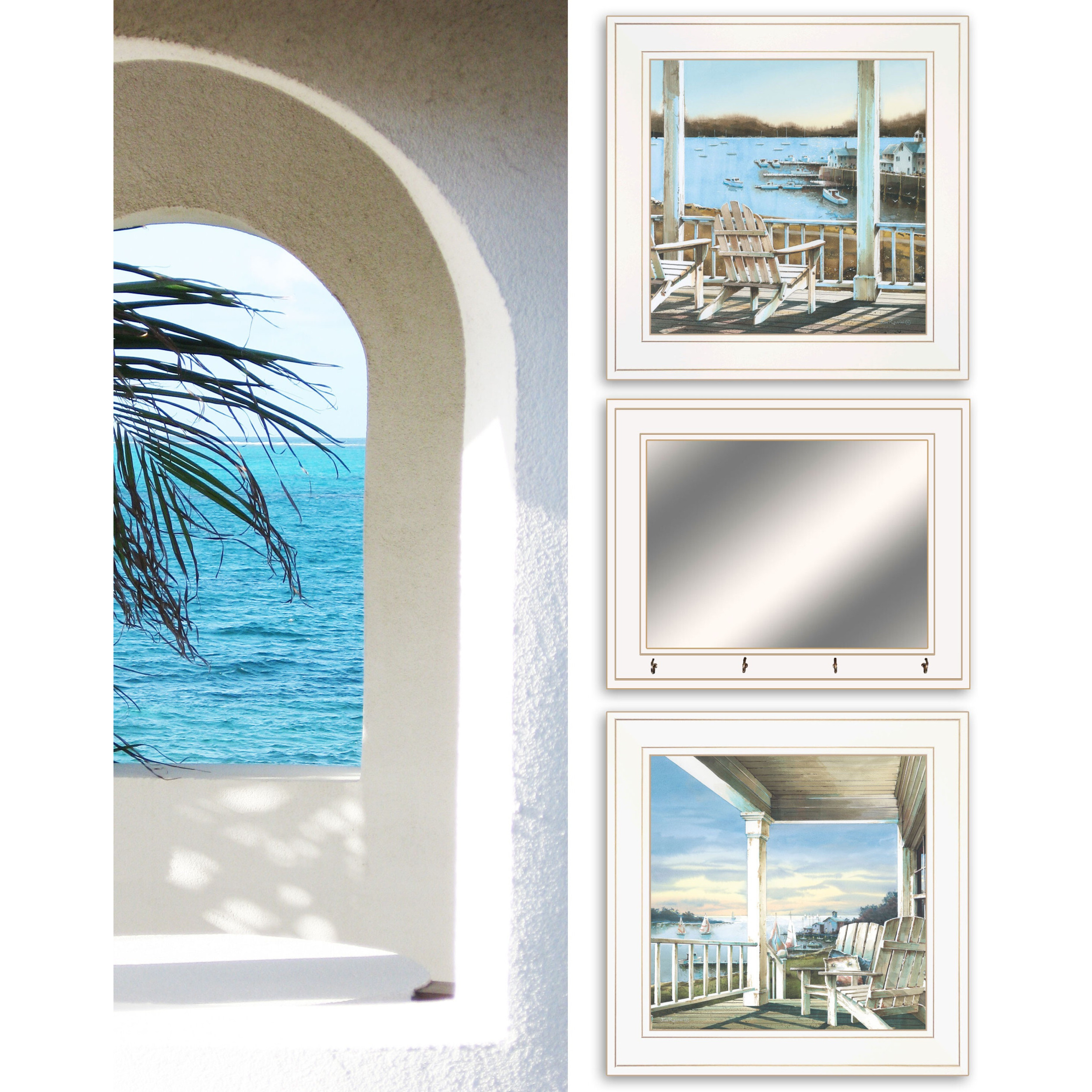 Set Of Three Lake Side White Framed Wall Art With Mirror And Hooks
