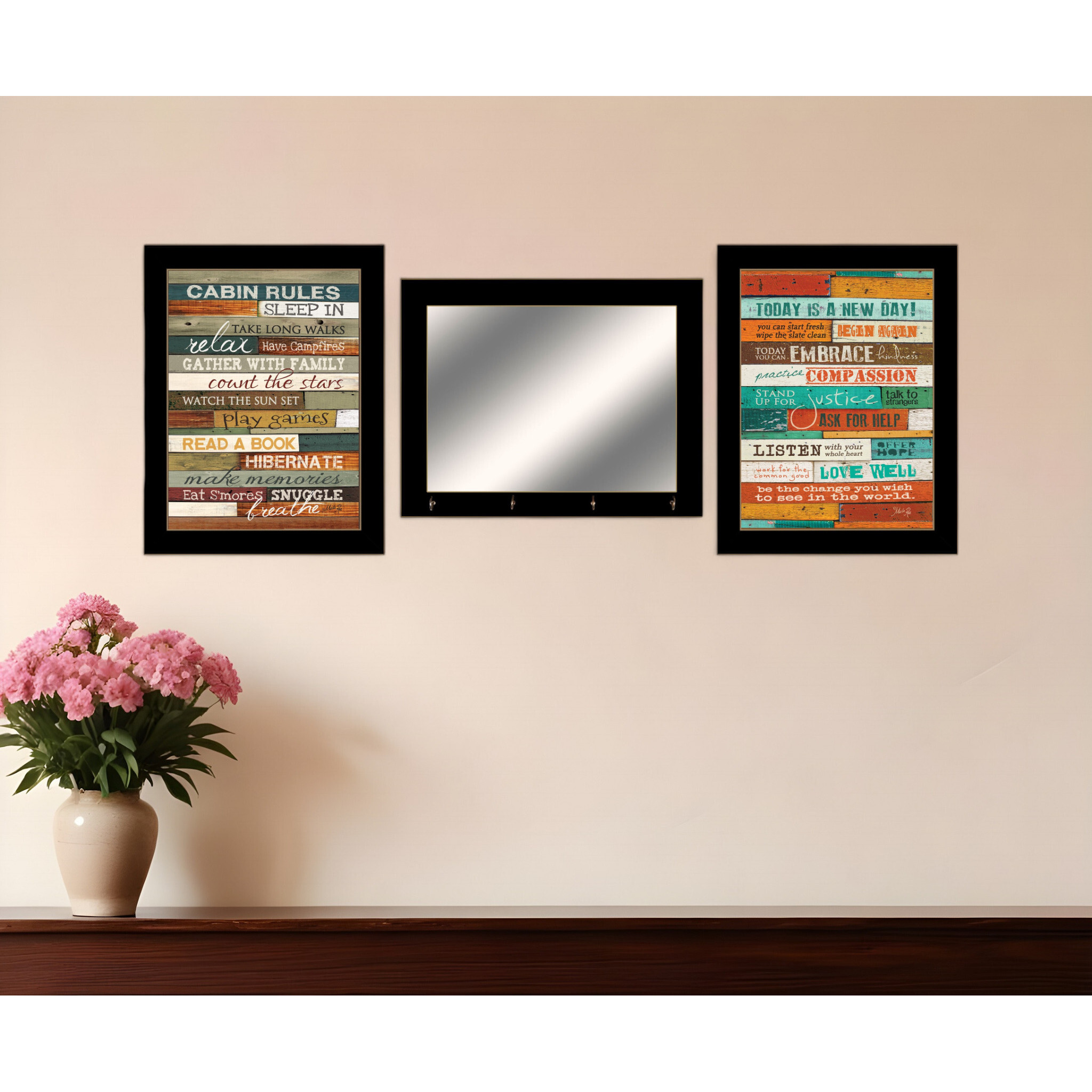 Set Of Three Cabin Rules Black Framed Wall Art With Mirror And Hooks