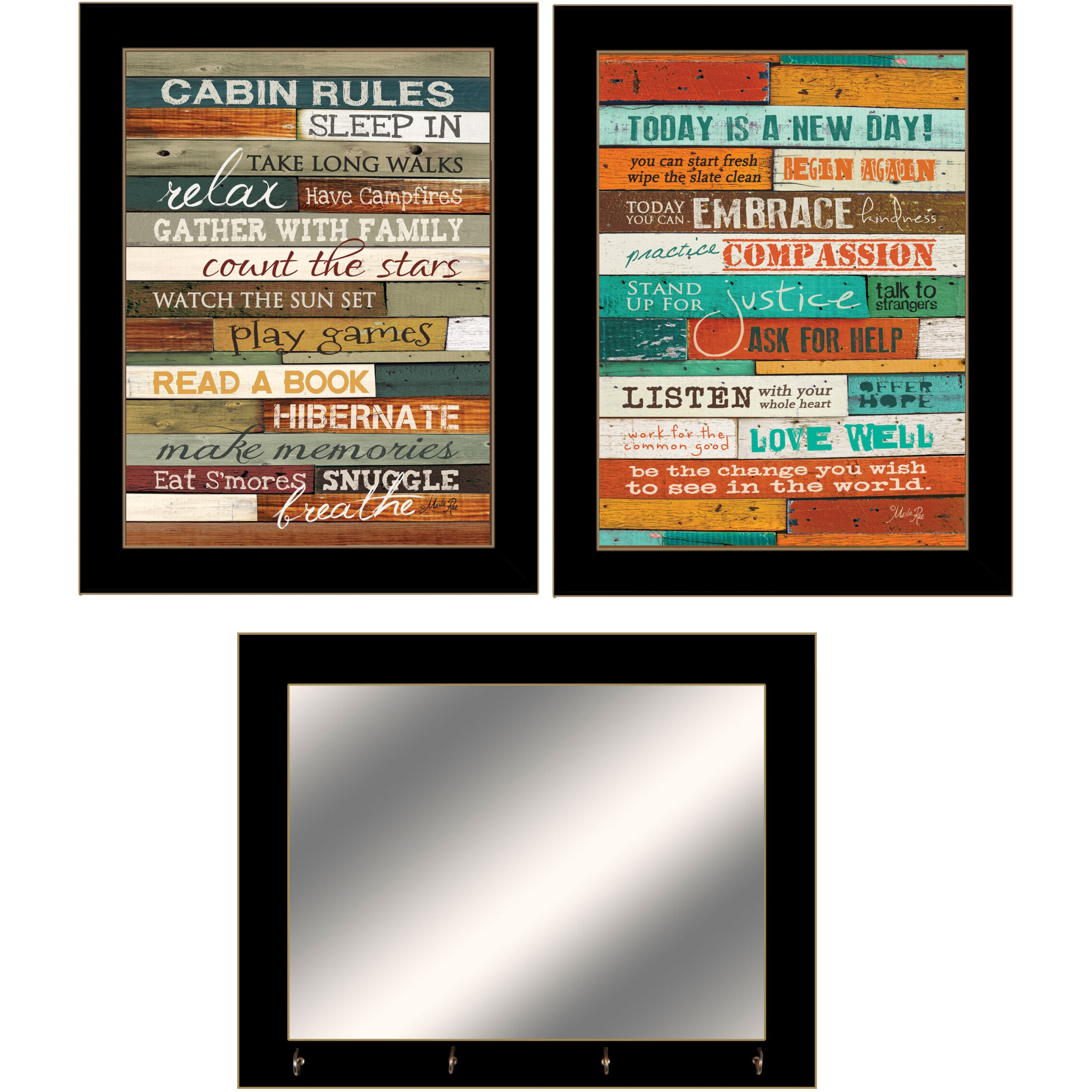 Set Of Three Cabin Rules Black Framed Wall Art With Mirror And Hooks
