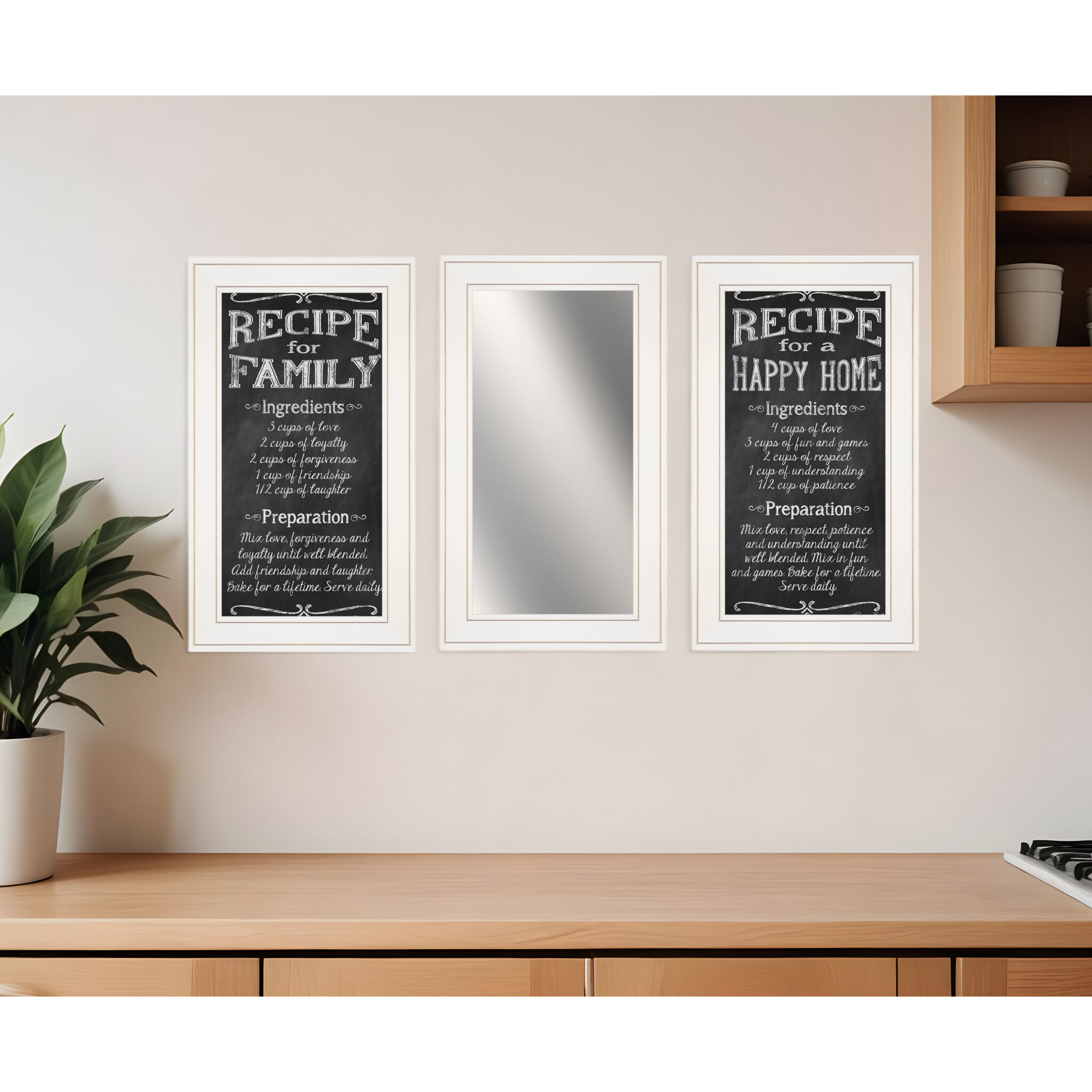 Set Of Three Family Recipe White Framed Kitchen Wall Art With Mirror
