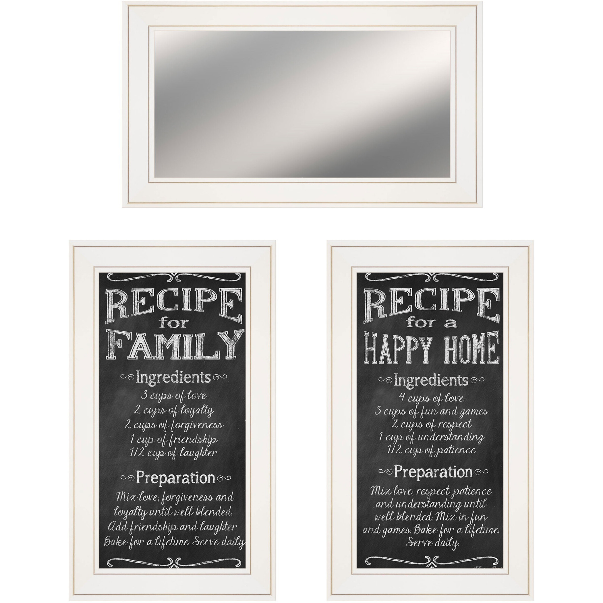 Set Of Three Family Recipe White Framed Kitchen Wall Art With Mirror