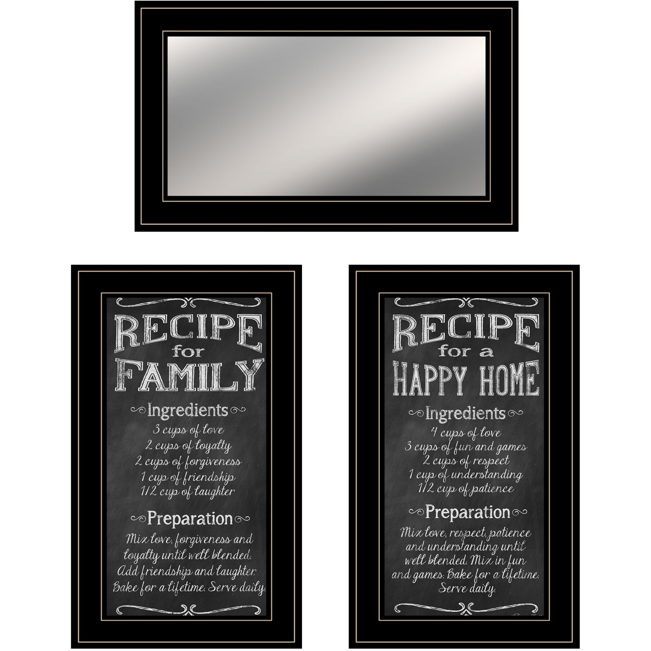 Set Of Three Family Recipe Black Framed Print Kitchen Wall Art And Mirror
