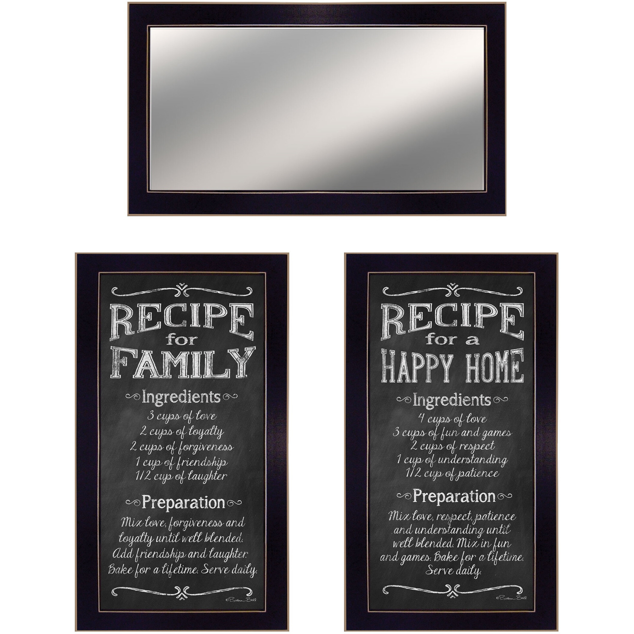 Set Of Three Family Recipe Black Framed Kitchen Wall Art With Mirror